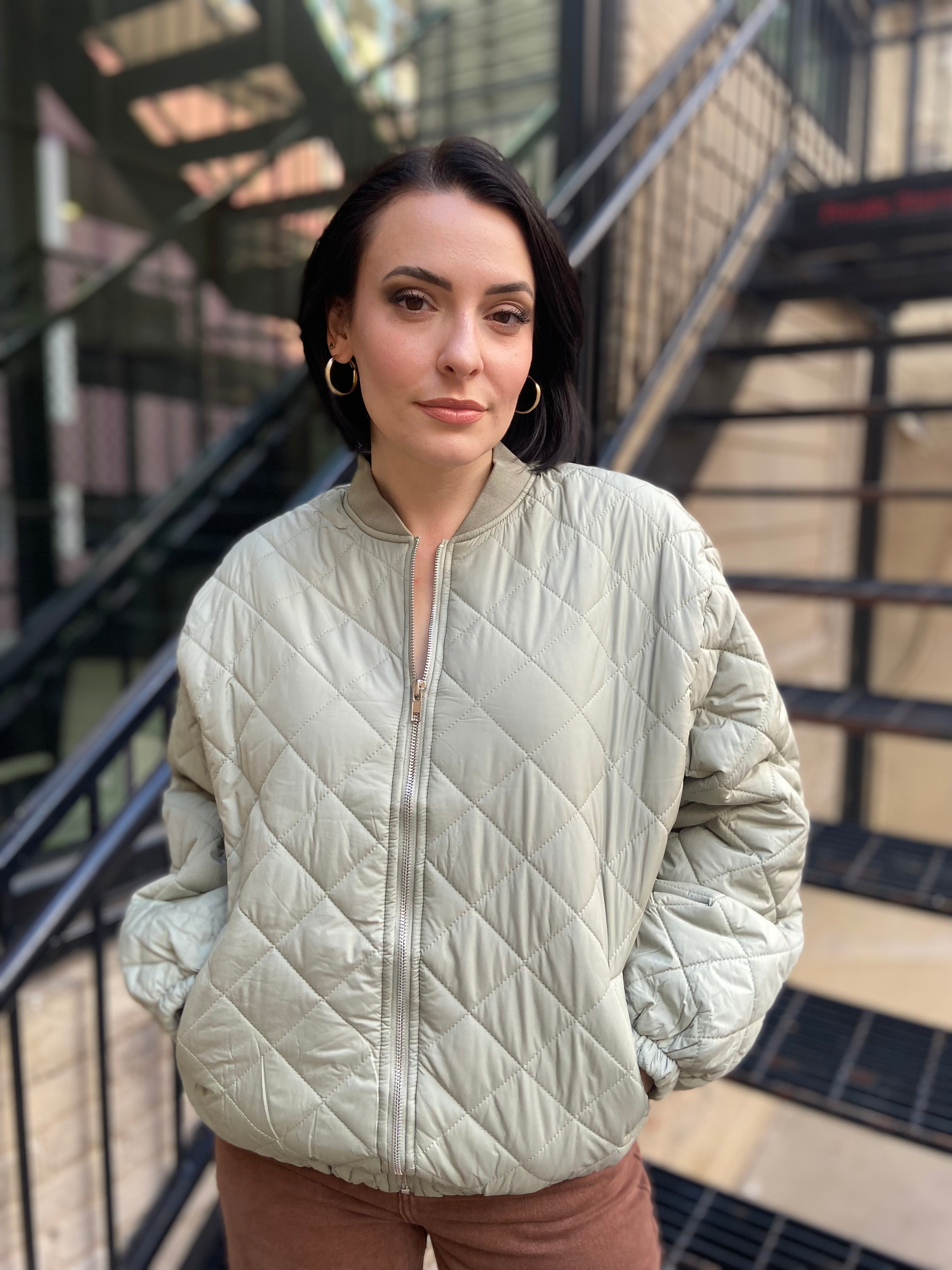 Geo Olive Quilted Bomber Jacket
