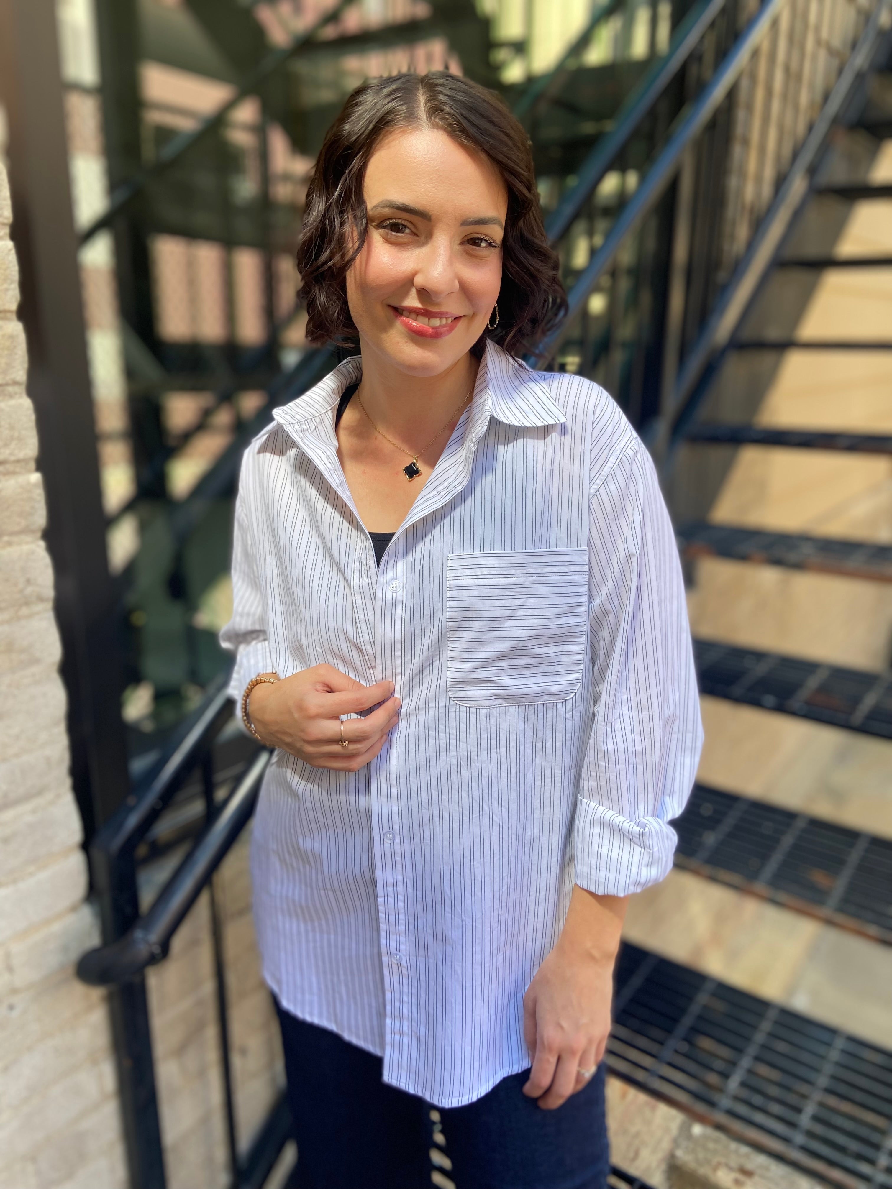 Candence White Striped Relaxed Button Up