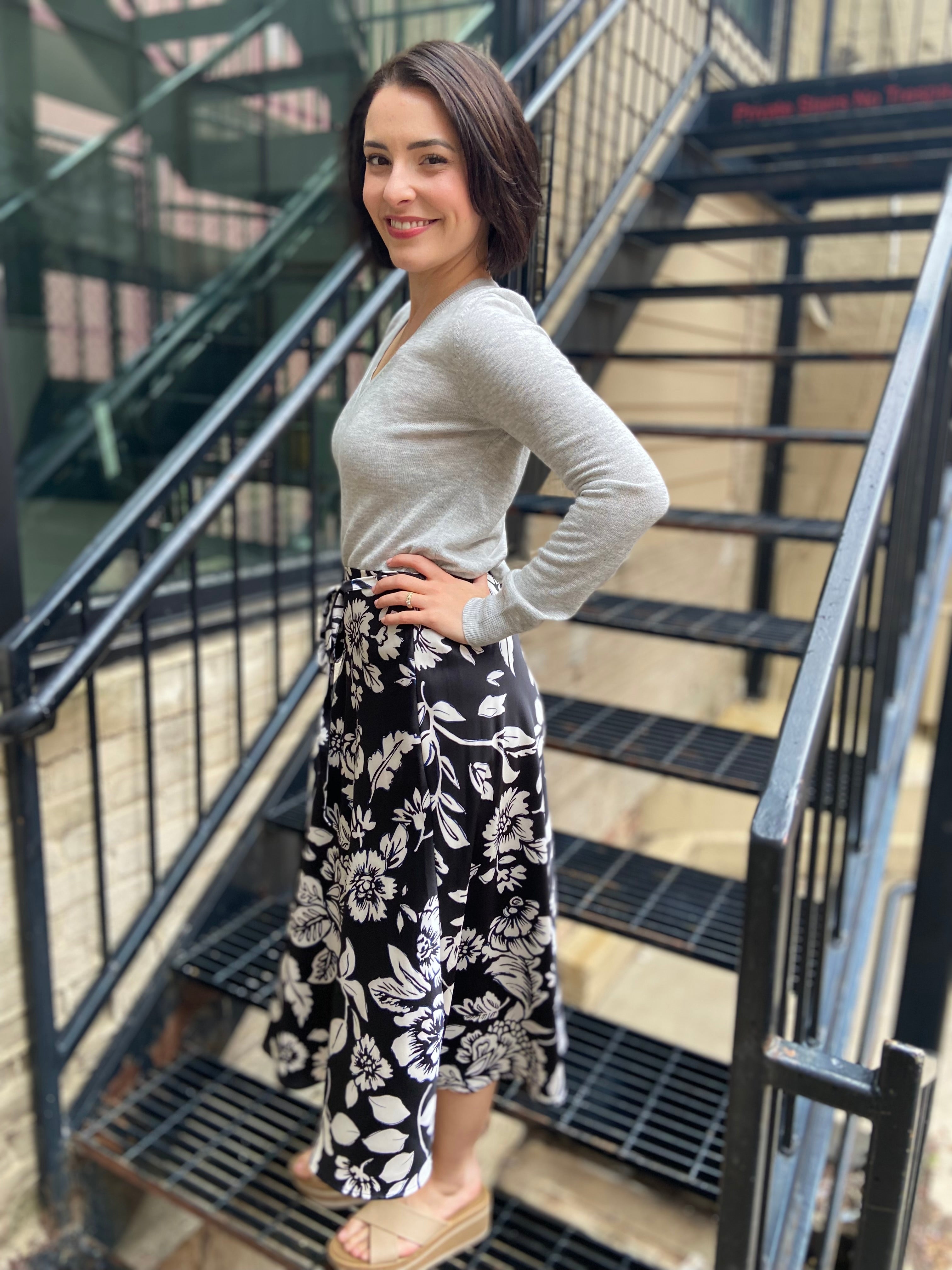 Skye Black & White Floral Satin Midi Skirt