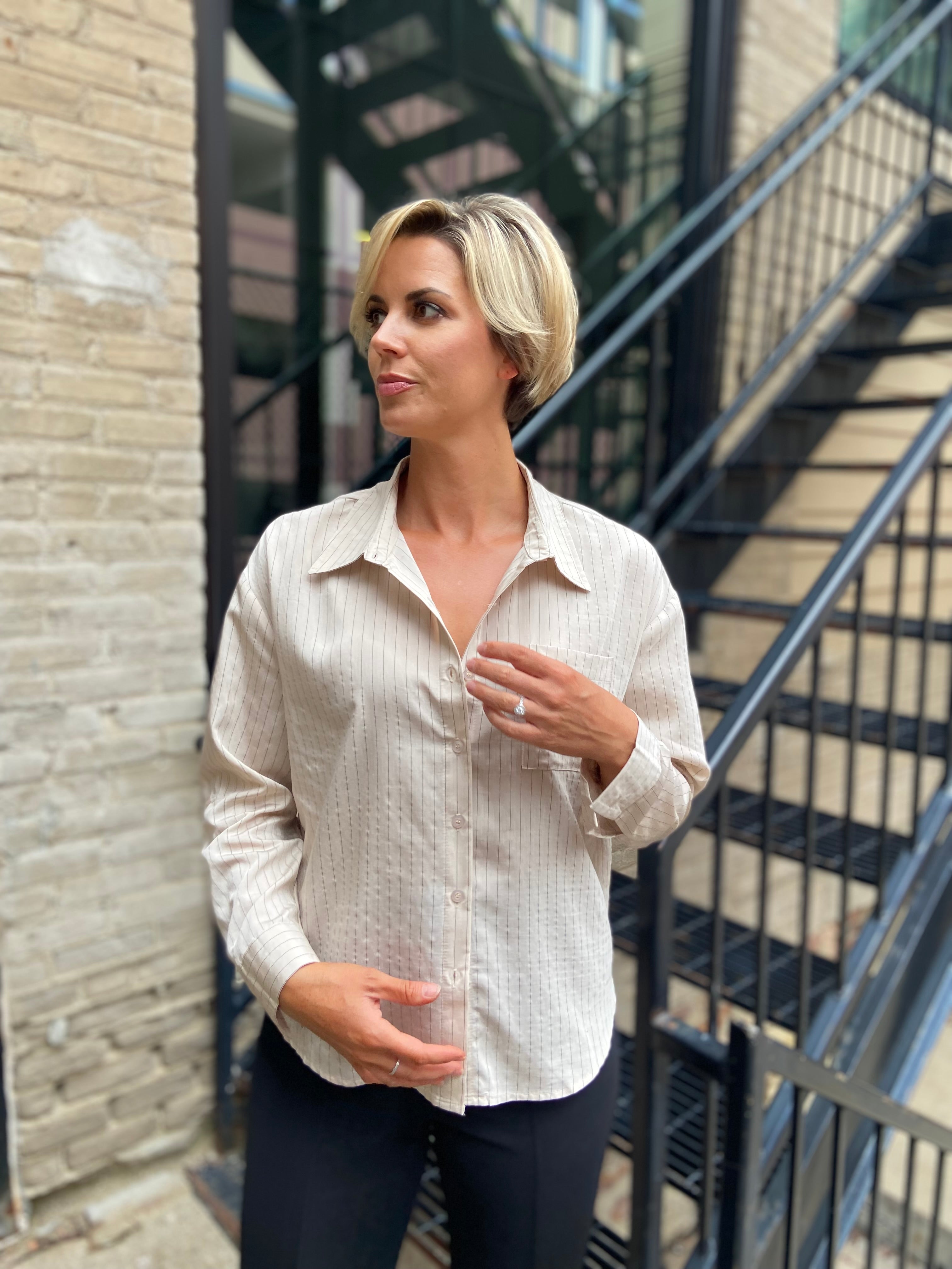 Asher Light Khaki Pinstripe Long Sleeve Button Down