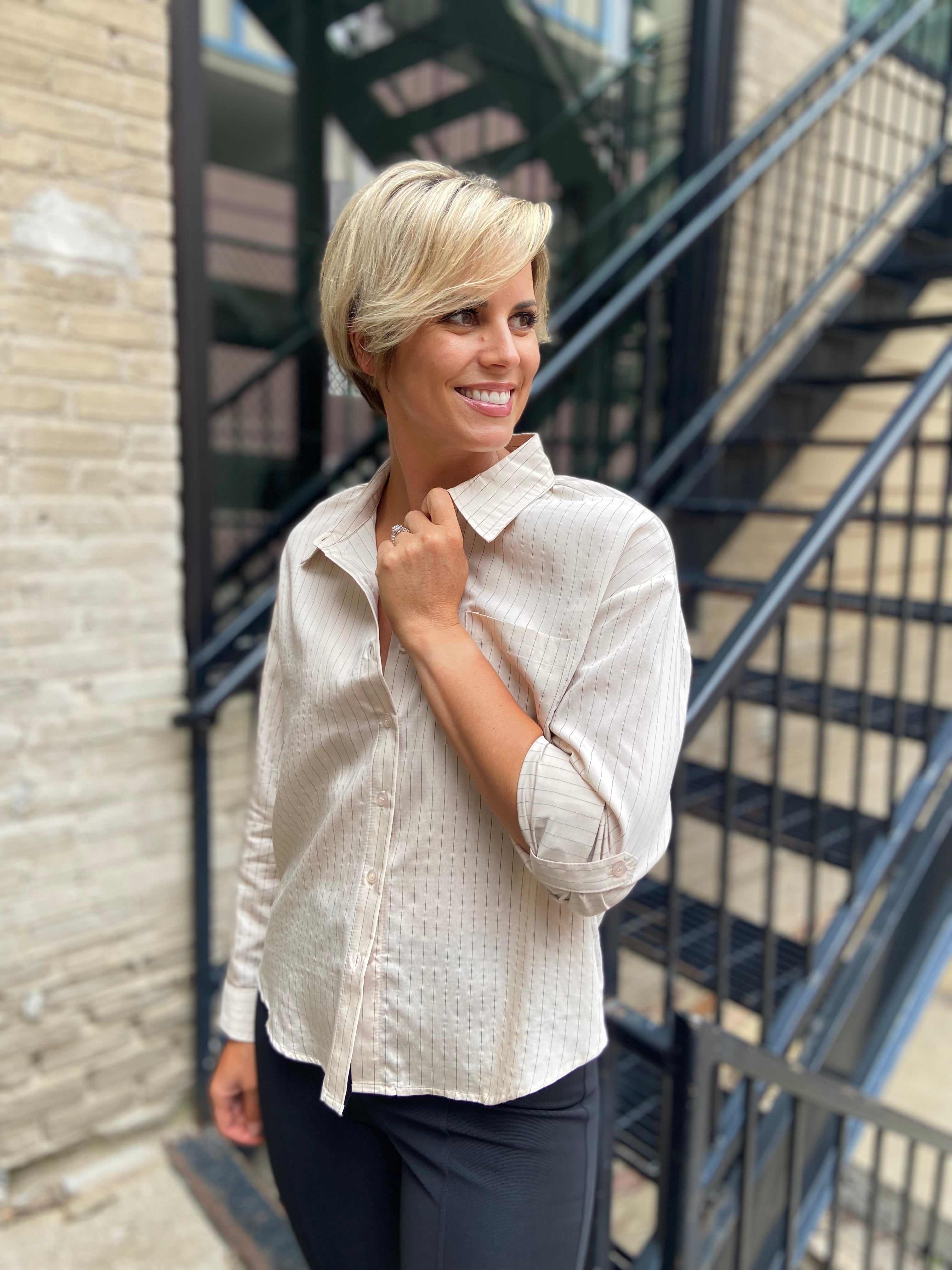 Asher Light Khaki Pinstripe Long Sleeve Button Down