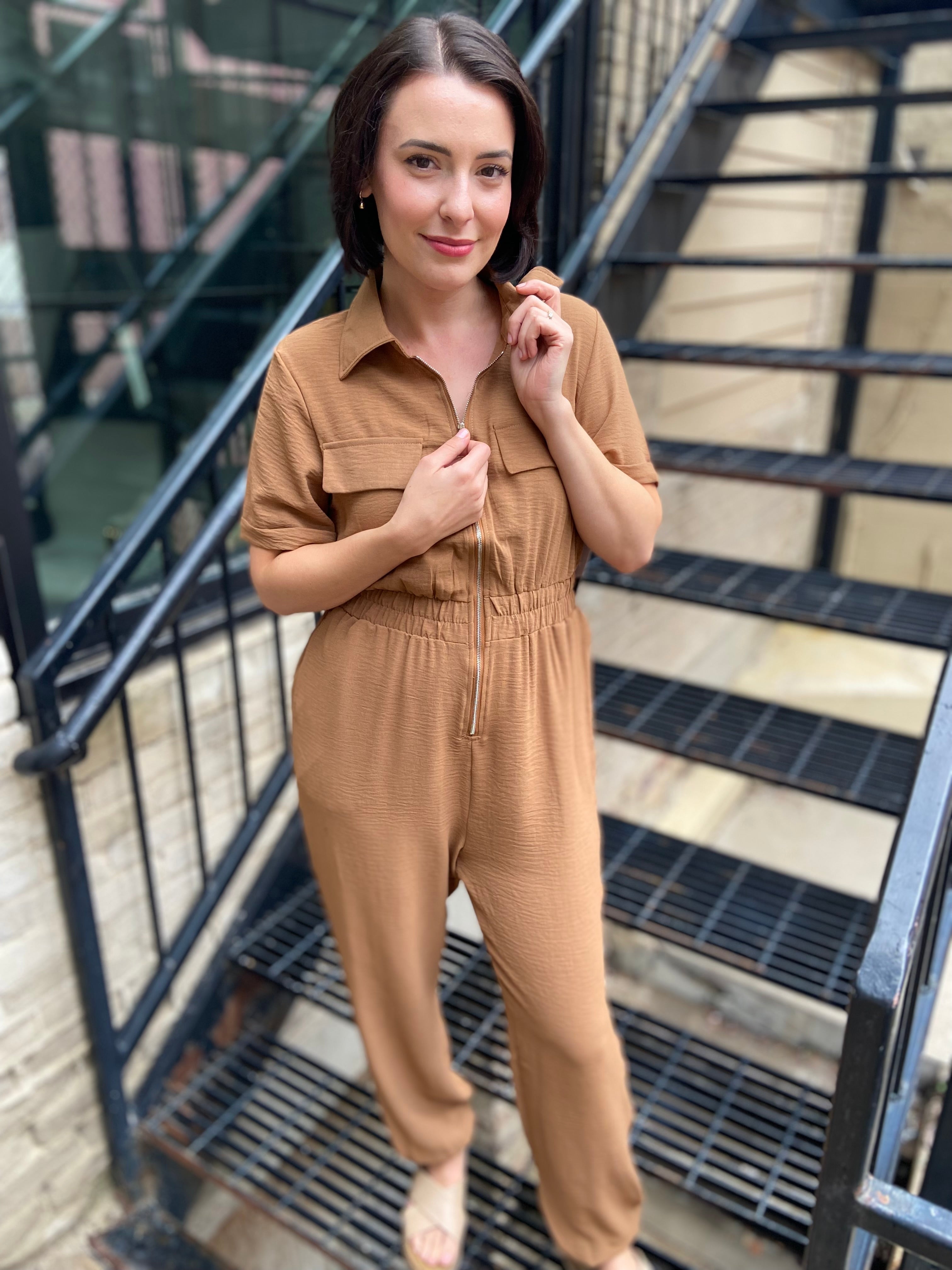 Jordan Cognac Short Sleeve Zipper Jumpsuit