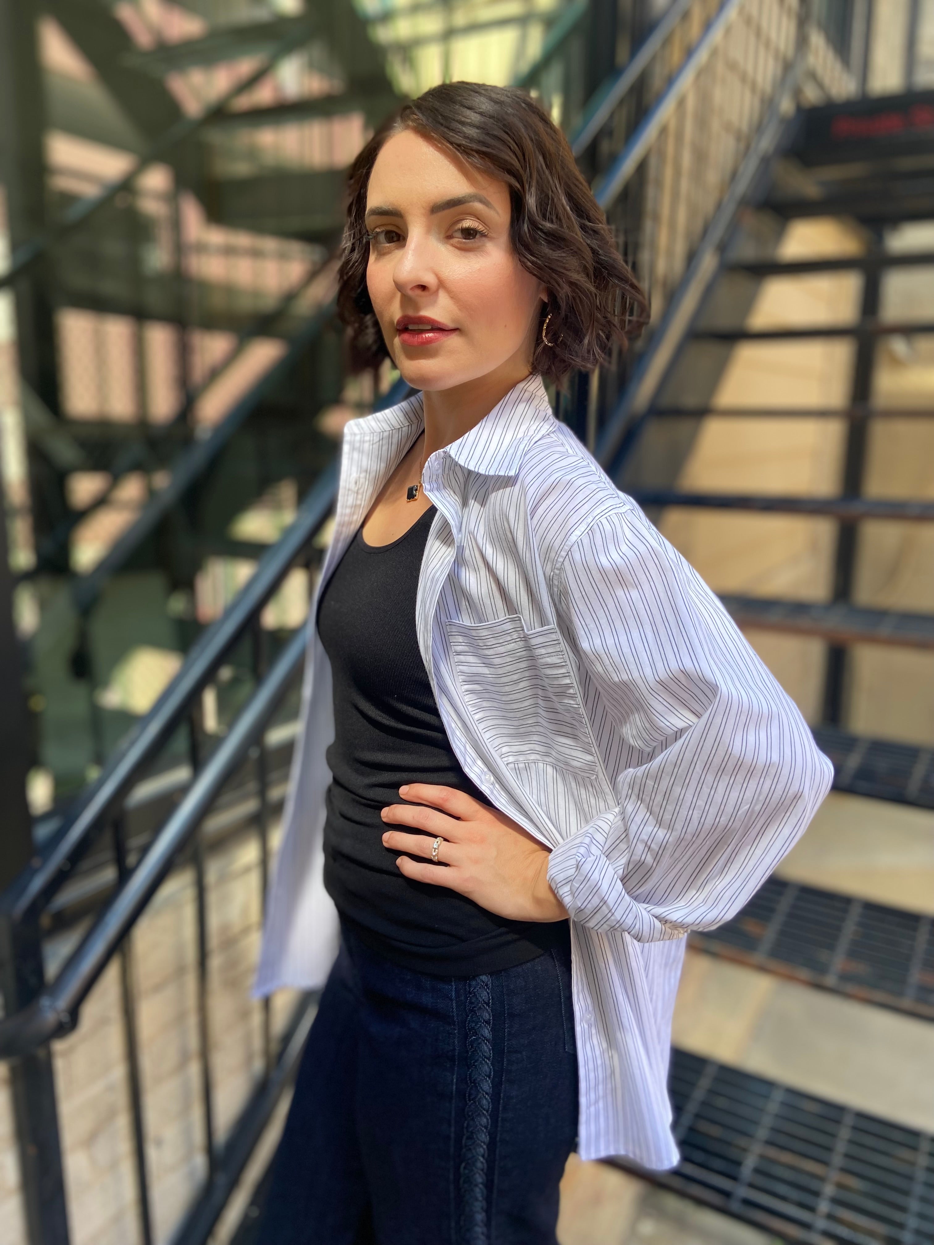 Candence White Striped Relaxed Button Up