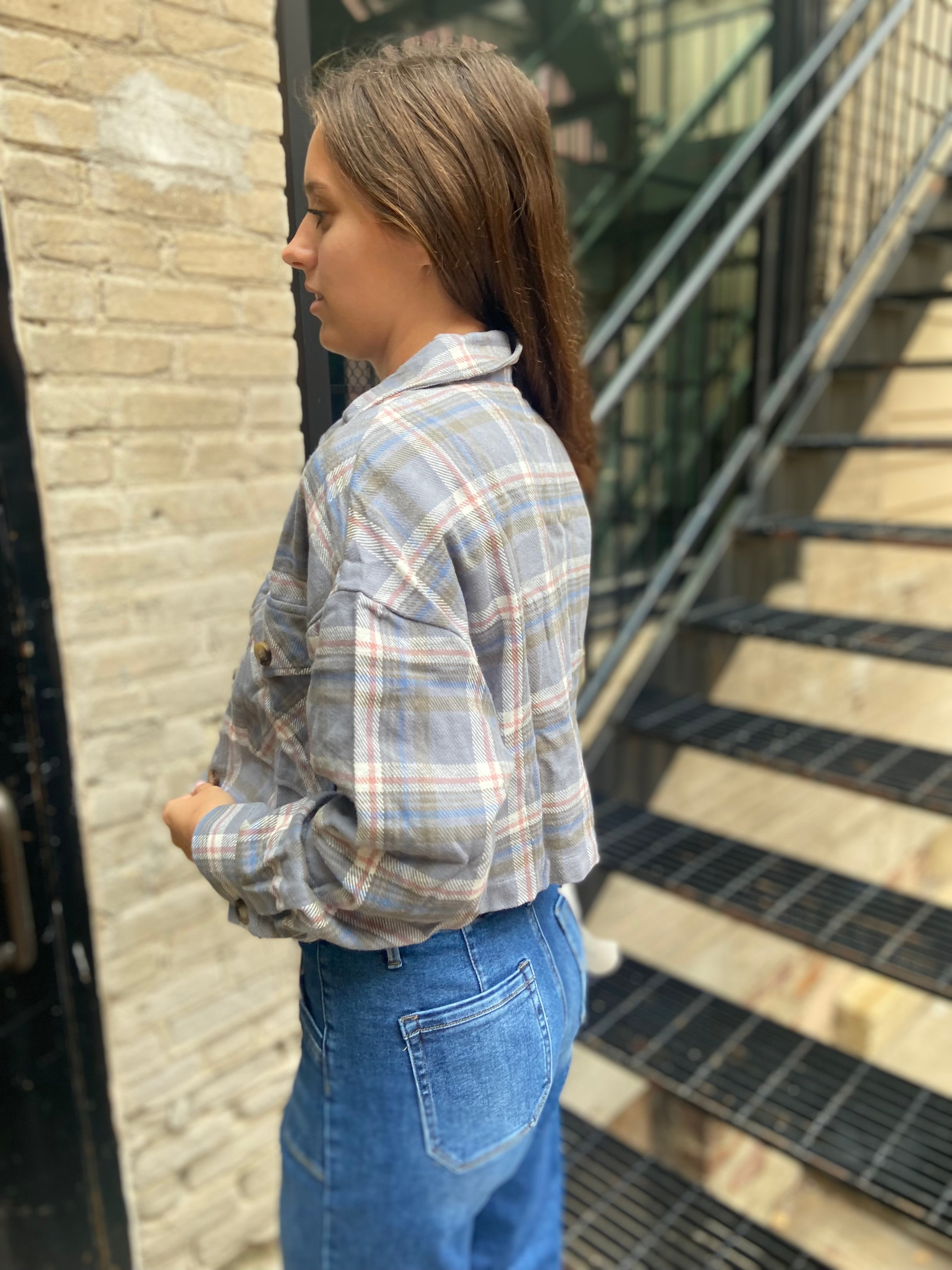 Nance Light Blue Cropped Plaid Shacket