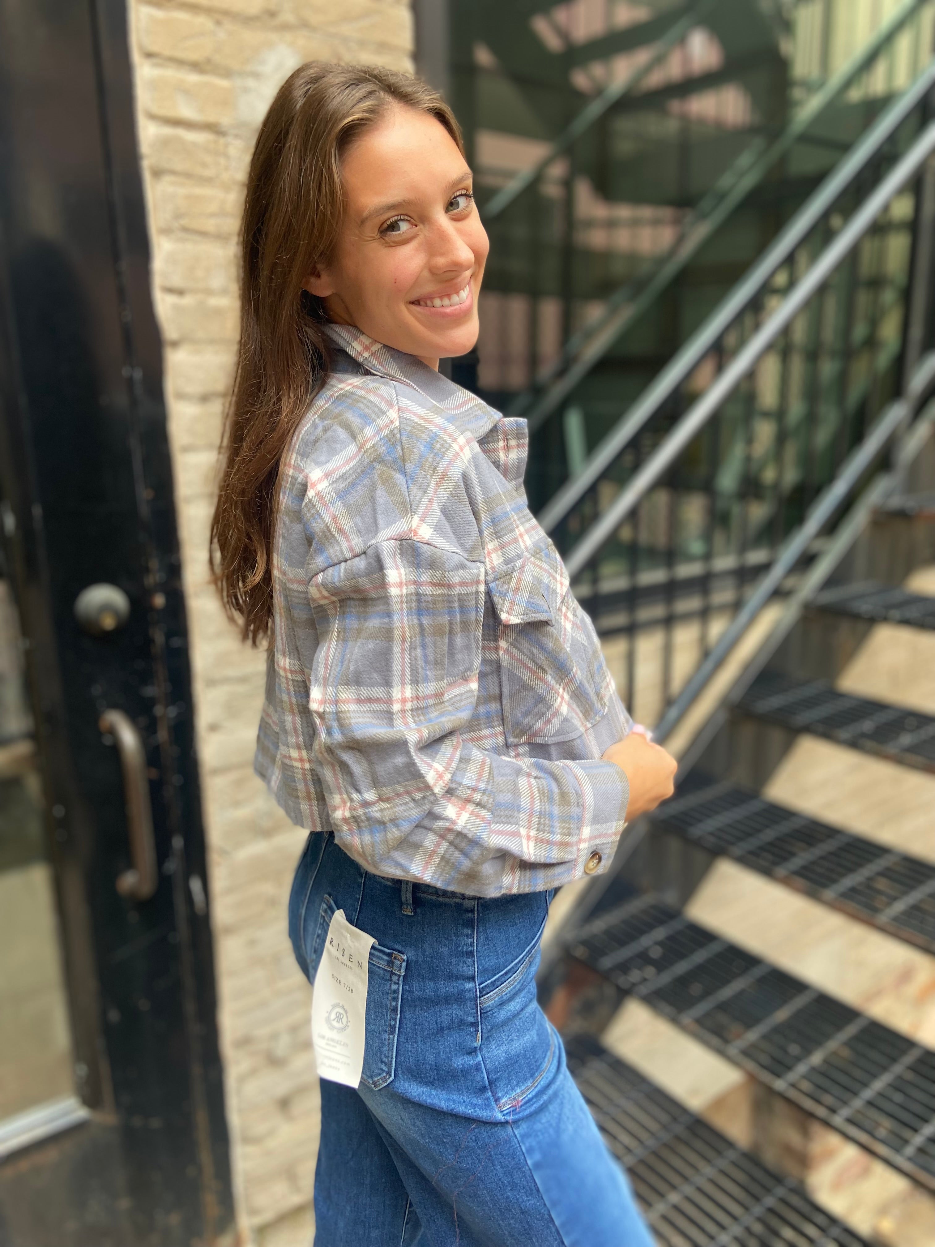 Nance Light Blue Cropped Plaid Shacket