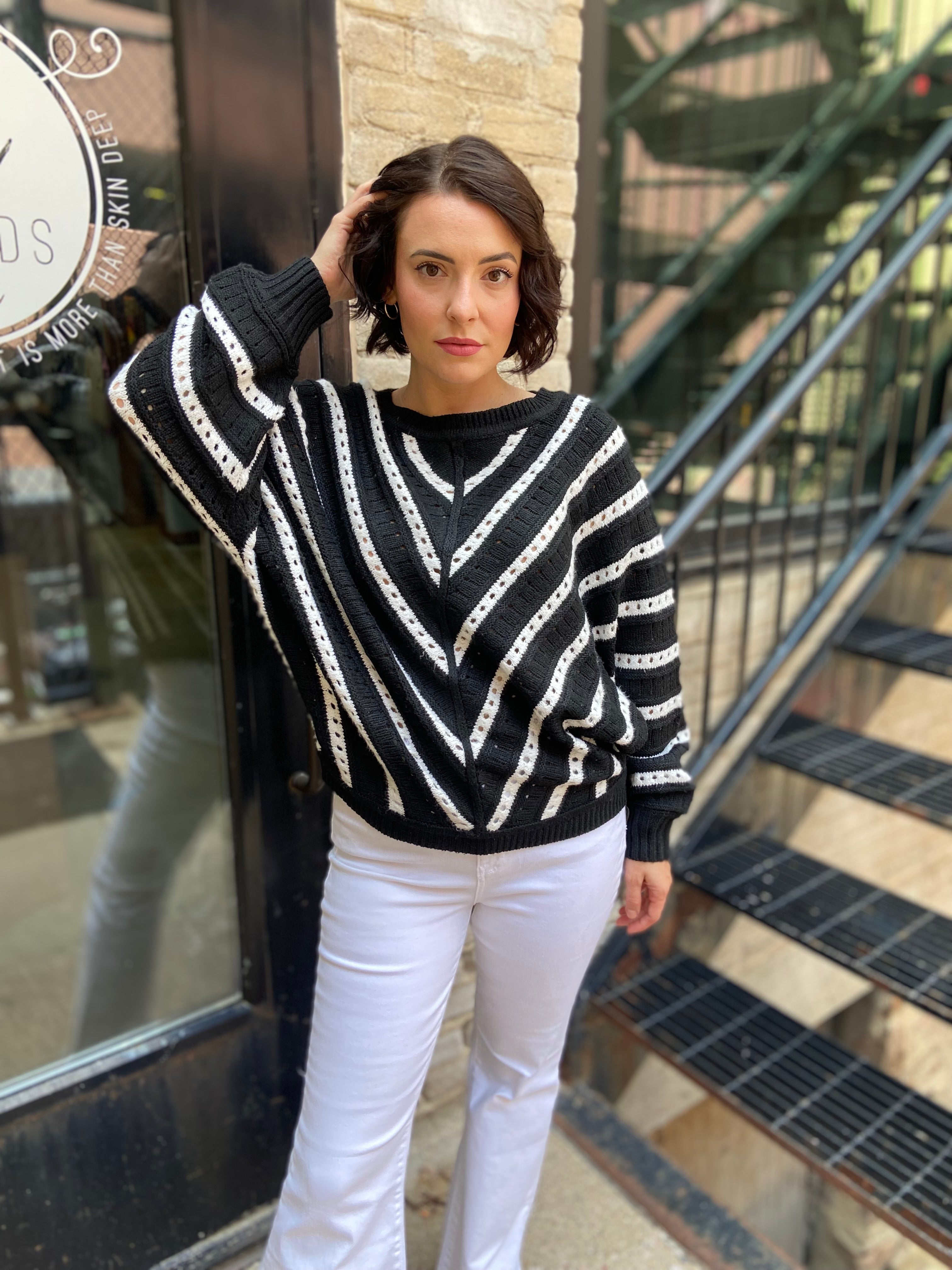 Liz Black & White Diagonal Stripe Knit Sweater