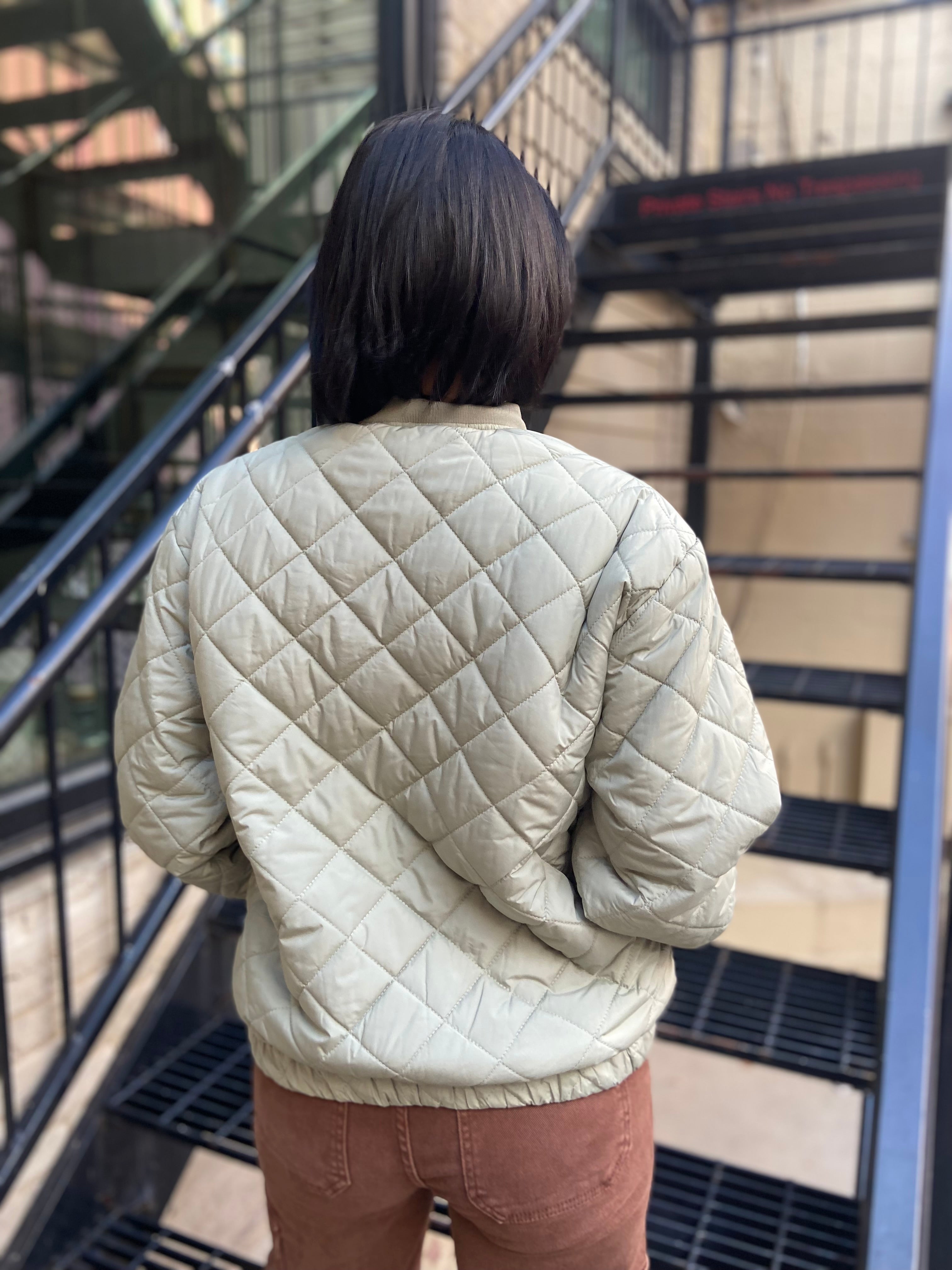 Geo Olive Quilted Bomber Jacket