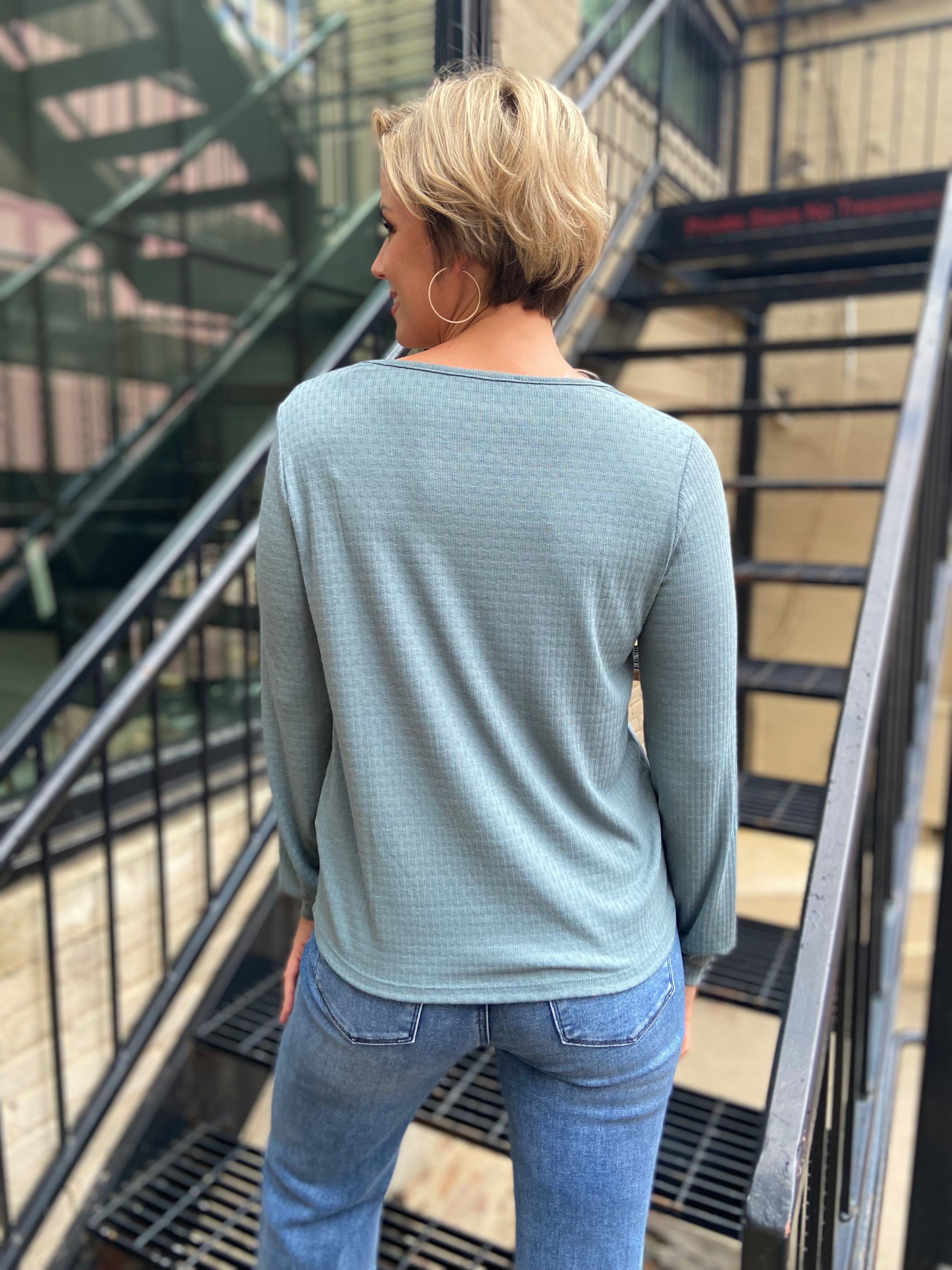 Keiz Dusty Blue Ribbed Long Sleeve Top