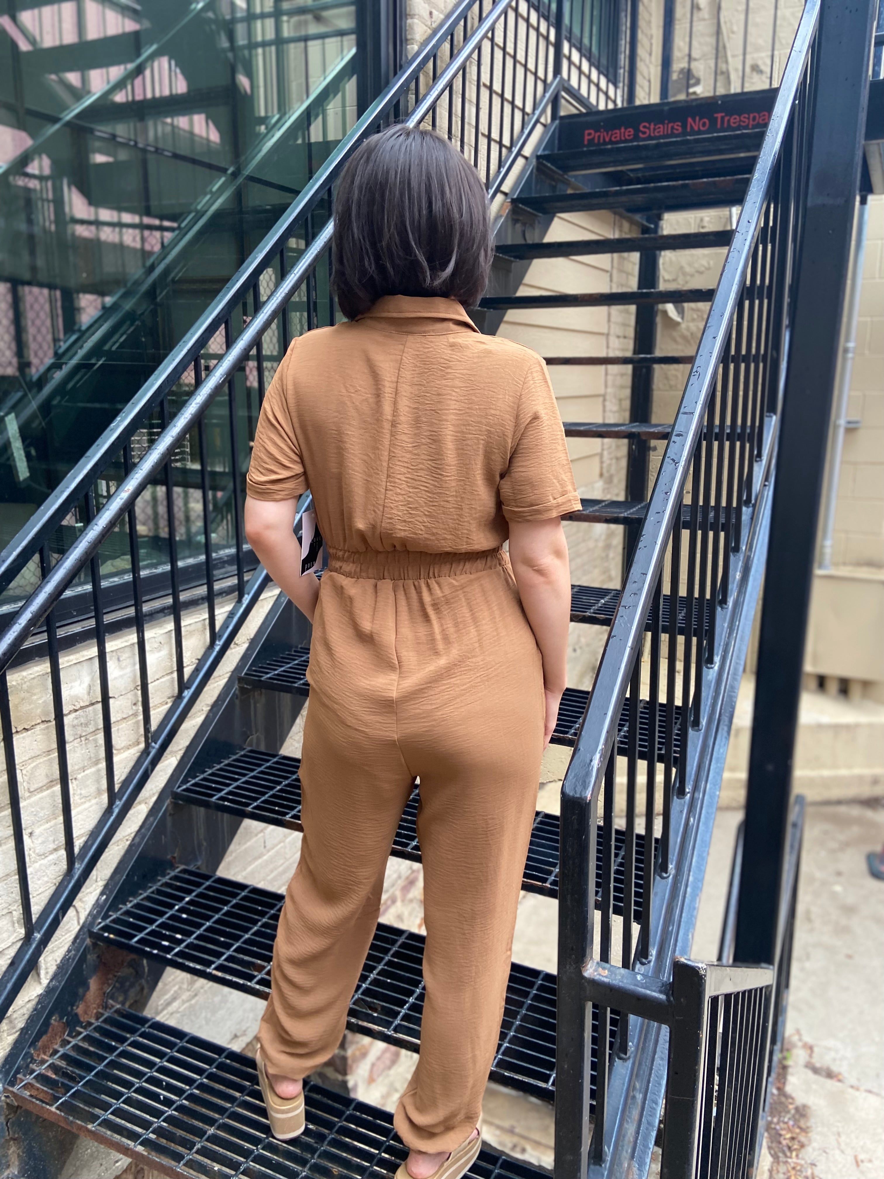 Jordan Cognac Short Sleeve Zipper Jumpsuit