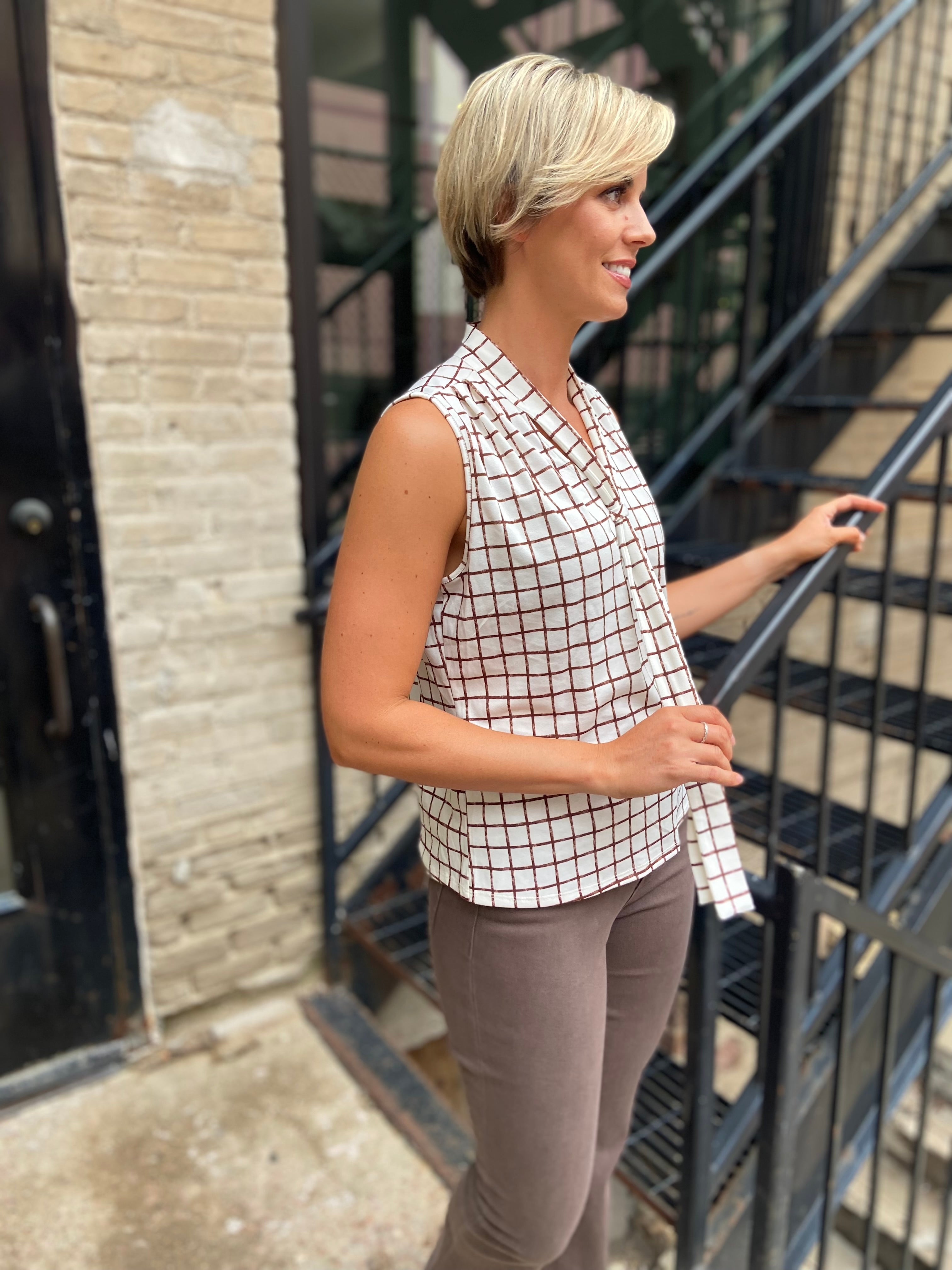 Mallory Ivory and Brown Square Print Sleeveless Blouse