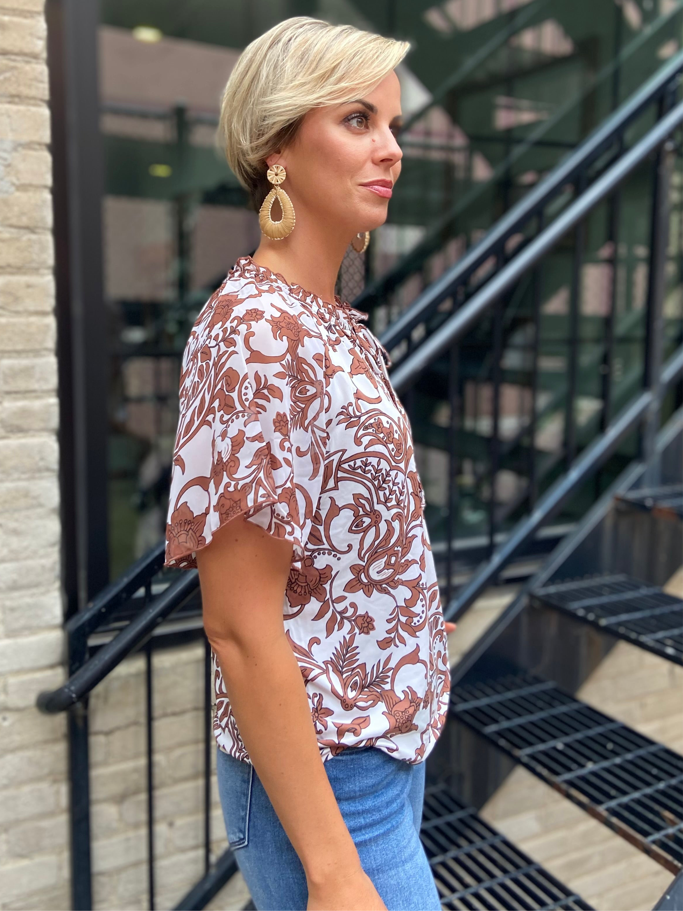 Nelly Brown Floral Neck Tie Ruffle Blouse