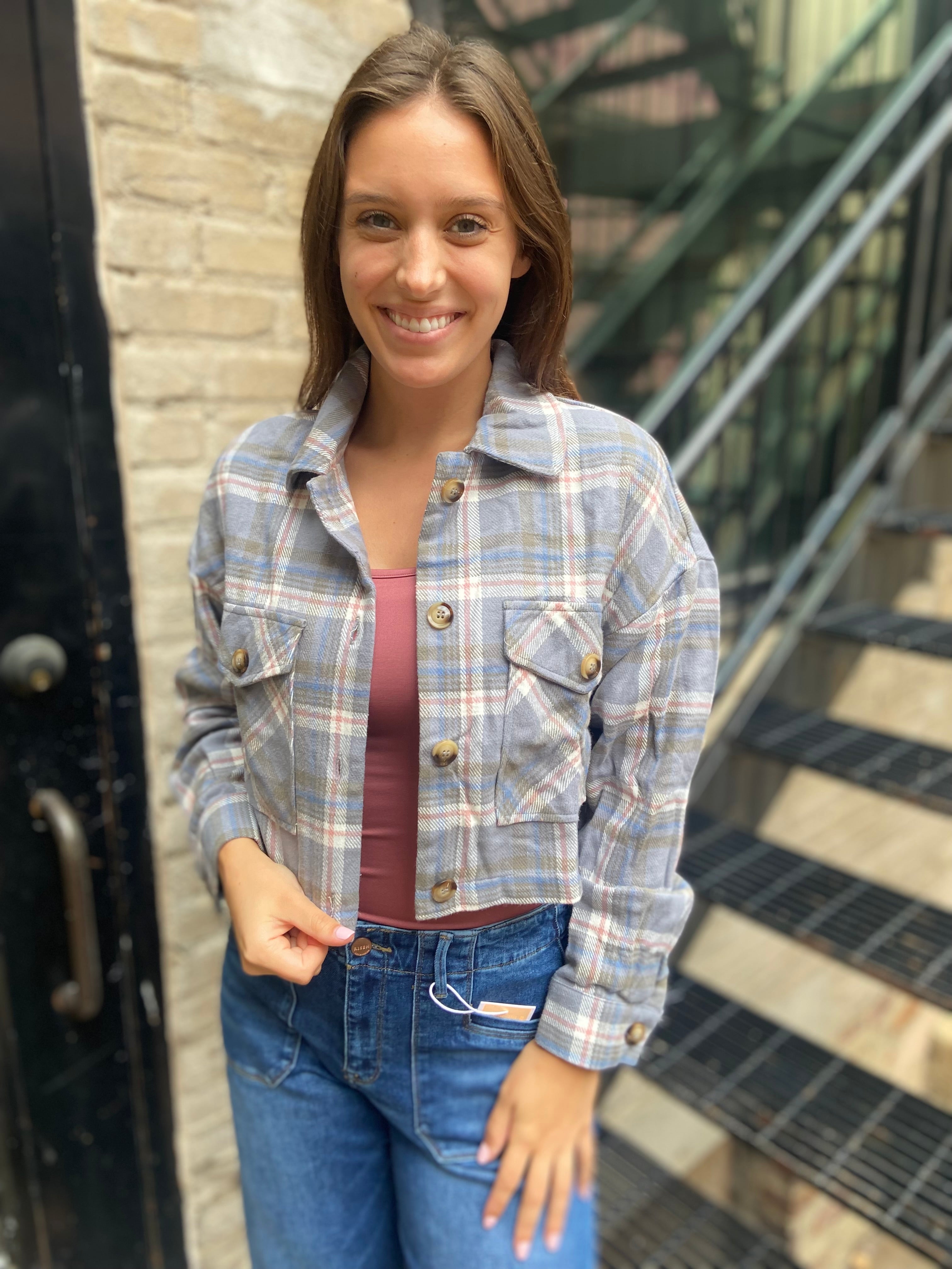 Nance Light Blue Cropped Plaid Shacket