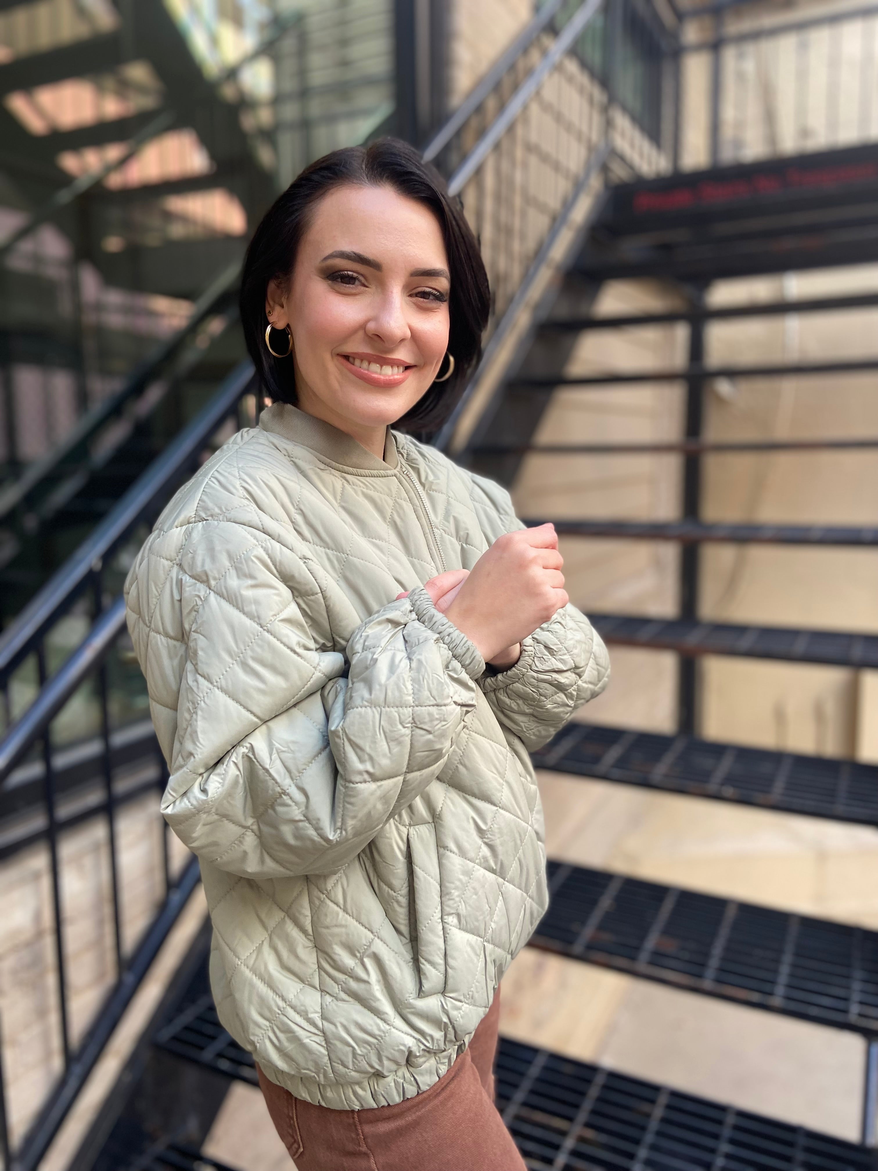 Geo Olive Quilted Bomber Jacket