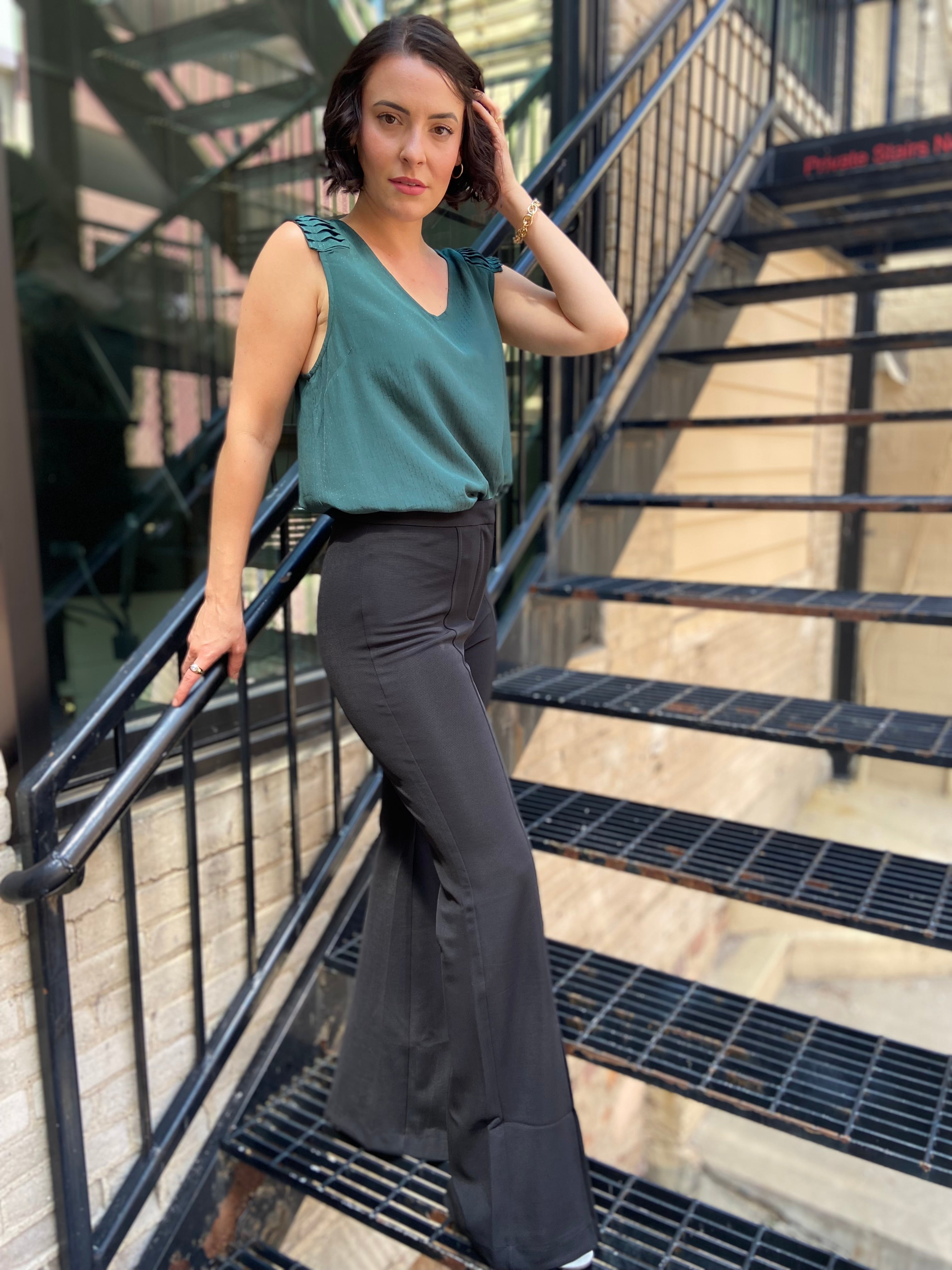 Courtney Black Front Slit Flare Pants