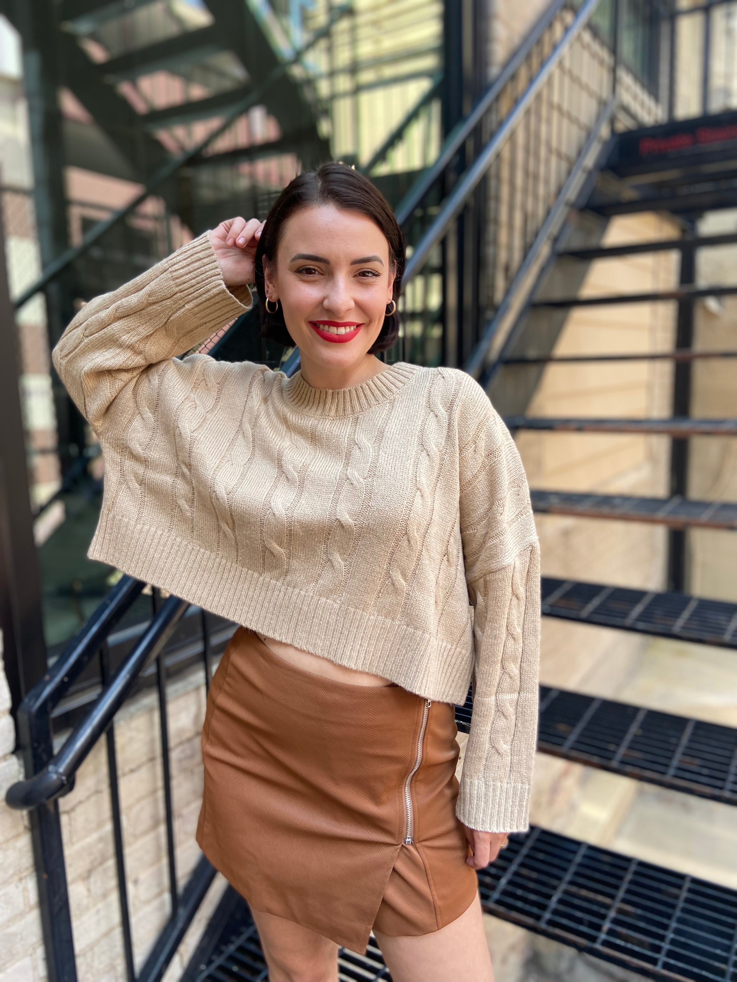 Kylie Taupe Lightweight Knit Cropped Sweater