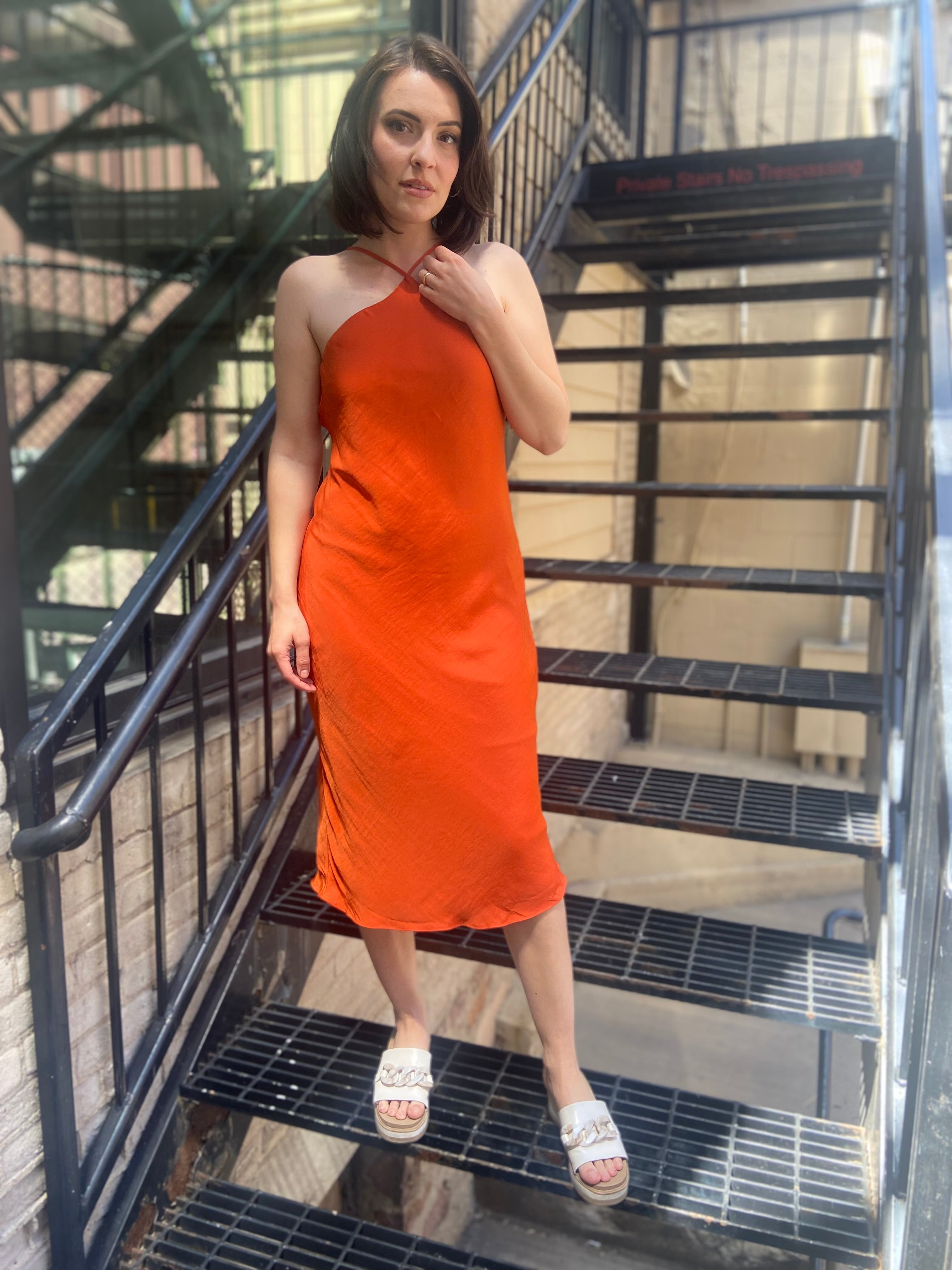 Cassey Orange Satin Halter Top Maxi Dress Medium