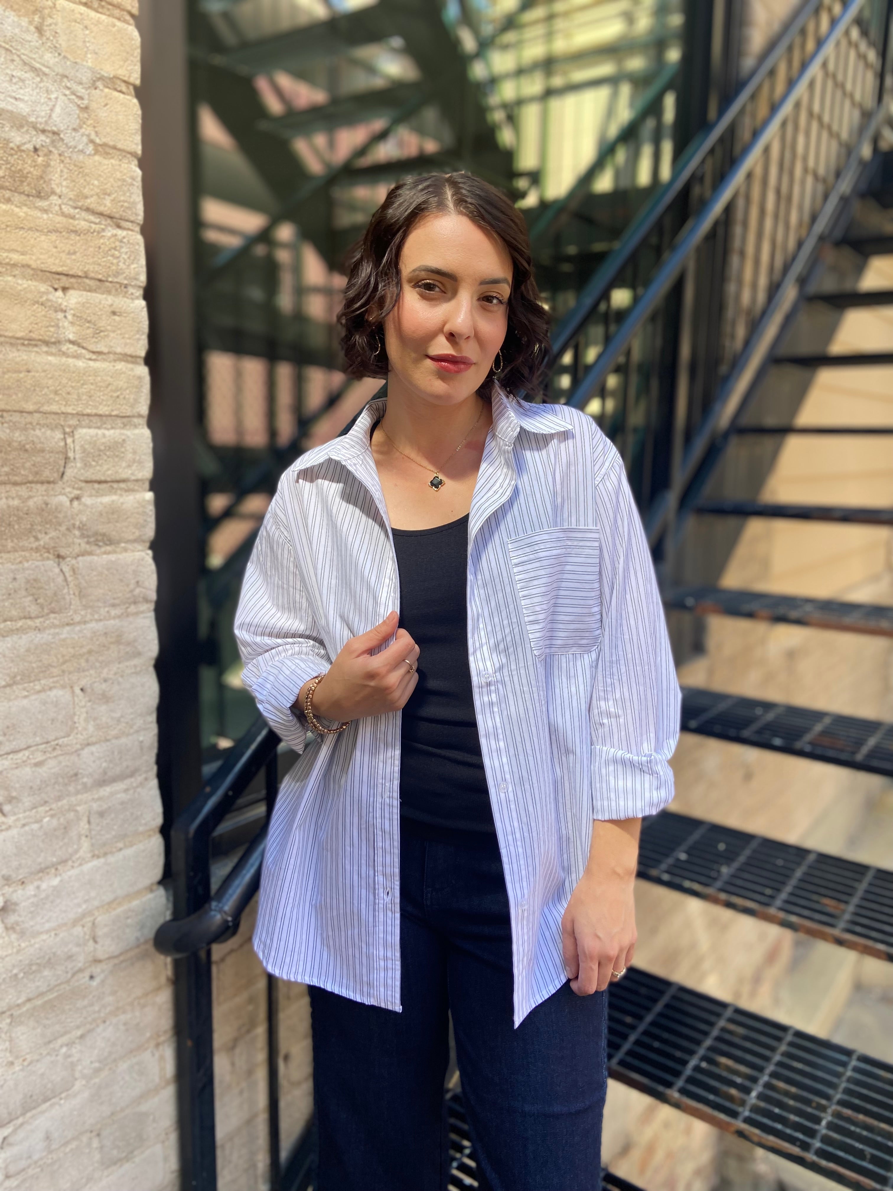 Candence White Striped Relaxed Button Up