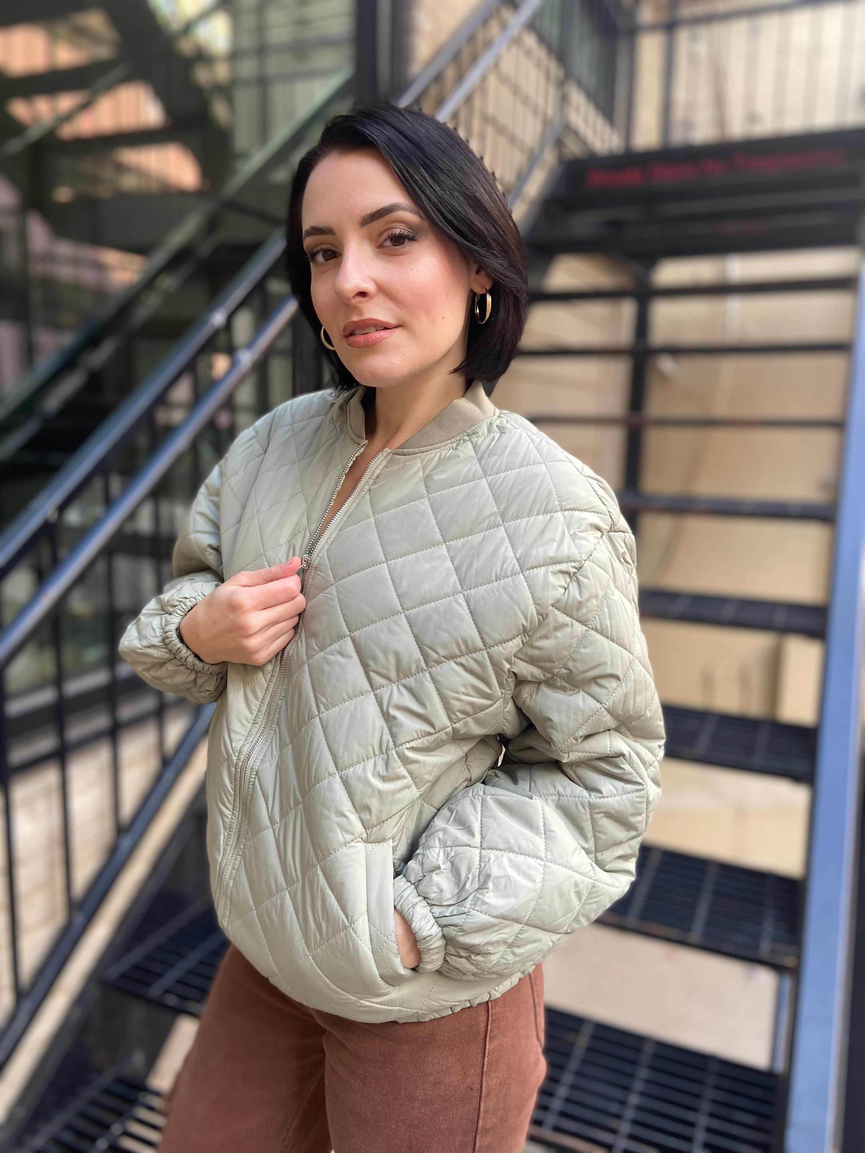 Geo Olive Quilted Bomber Jacket