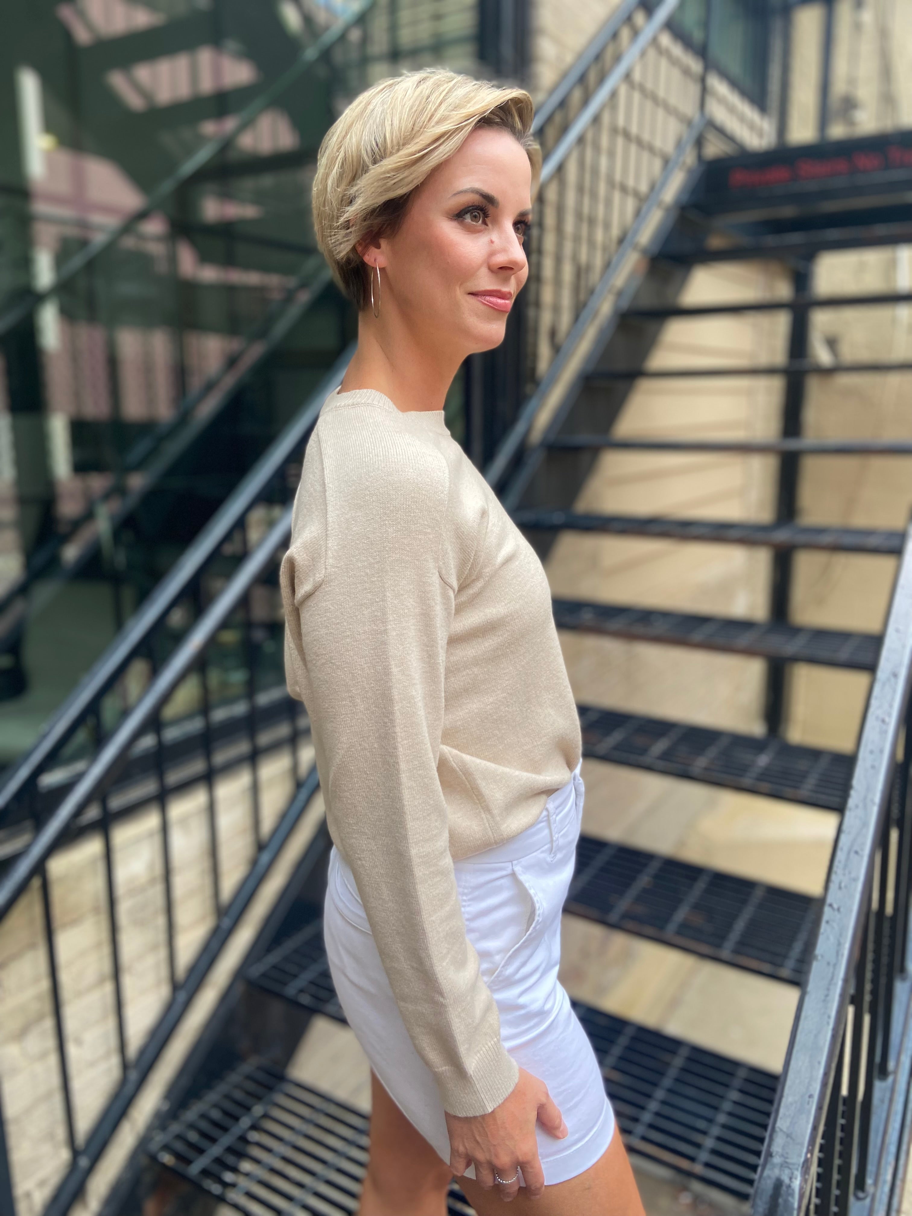 Stephanie Oatmeal Crewneck Long Sleeve Sweater Top