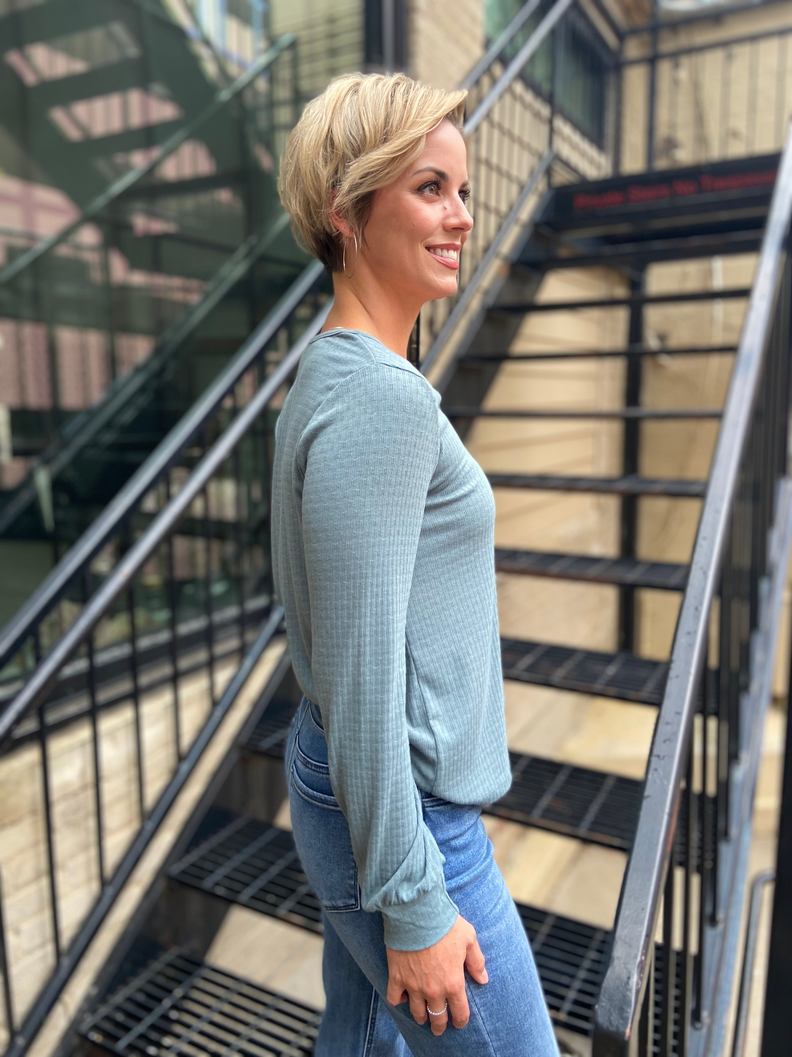 Keiz Dusty Blue Ribbed Long Sleeve Top