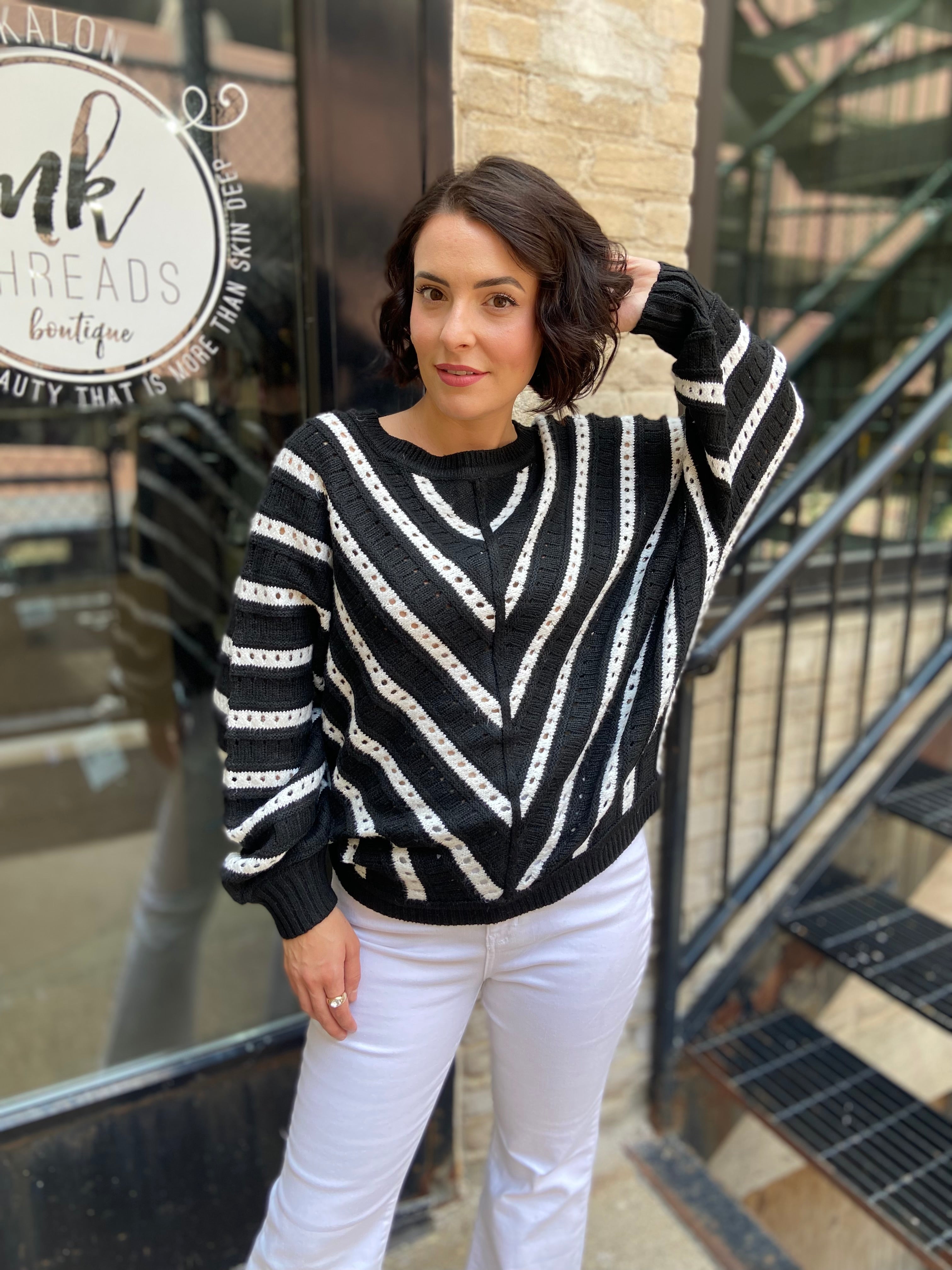 Liz Black & White Diagonal Stripe Knit Sweater