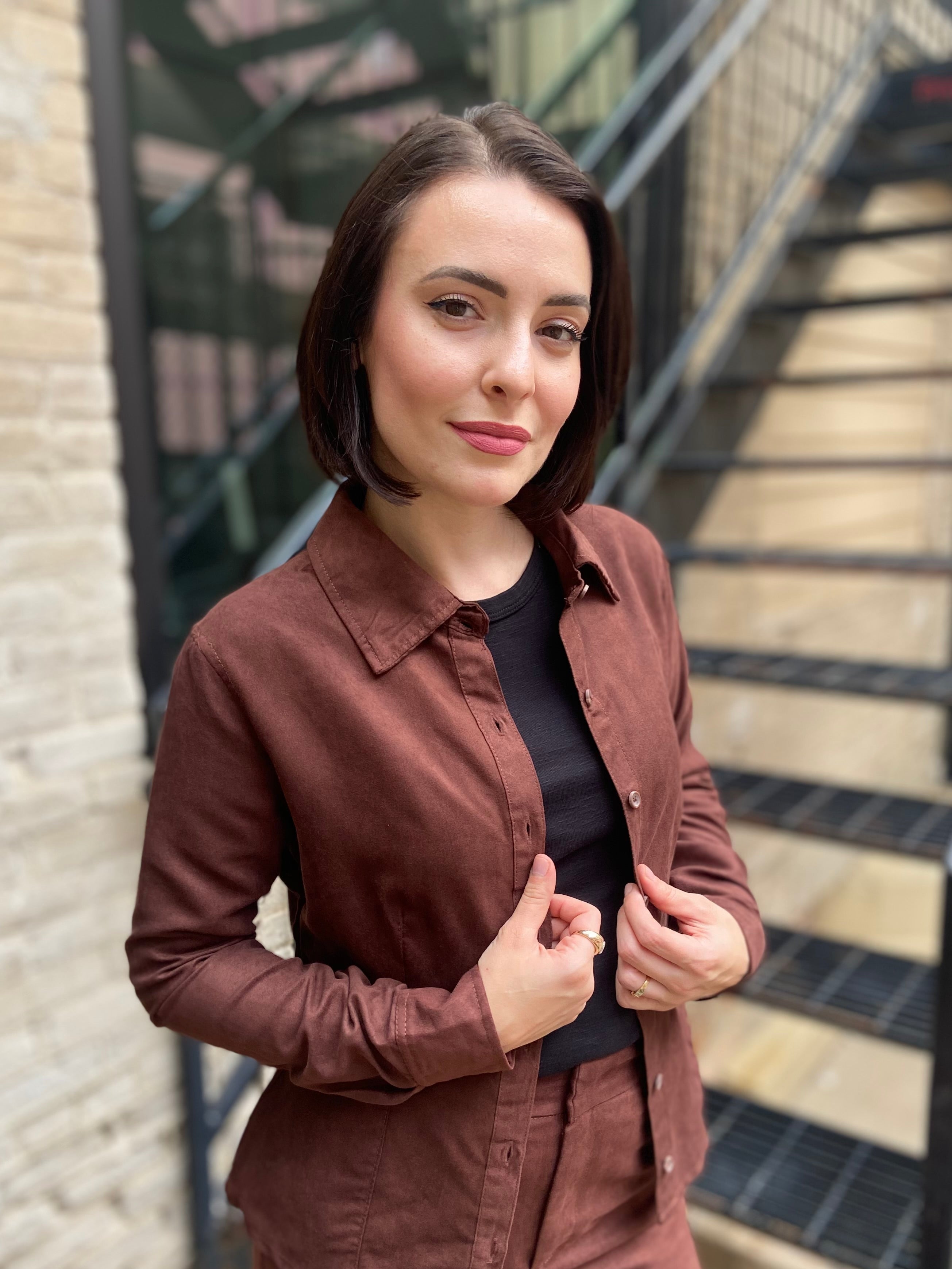 Eli dark Brown Suede Long Sleeve Button Up Top