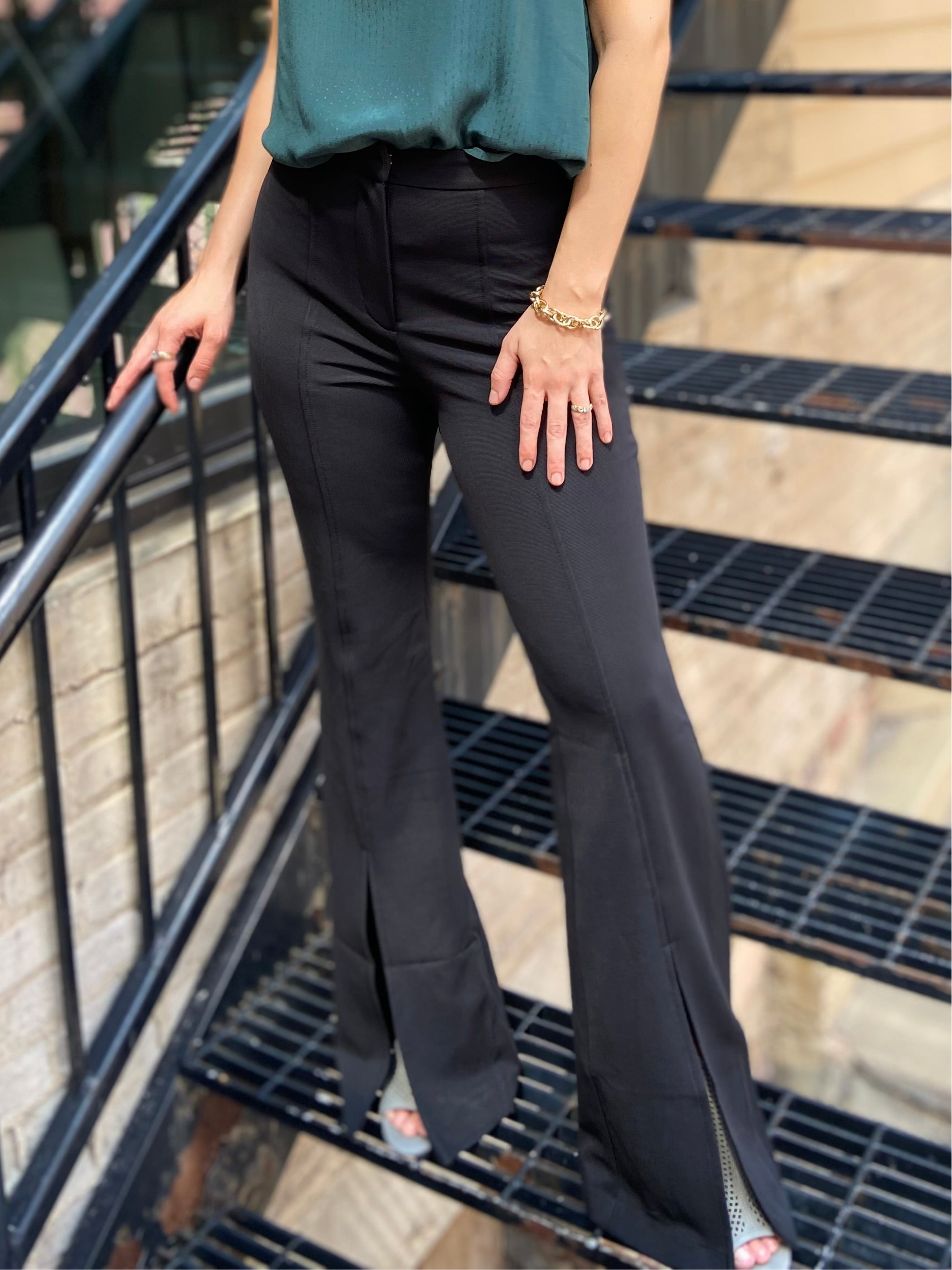 Courtney Black Front Slit Flare Pants