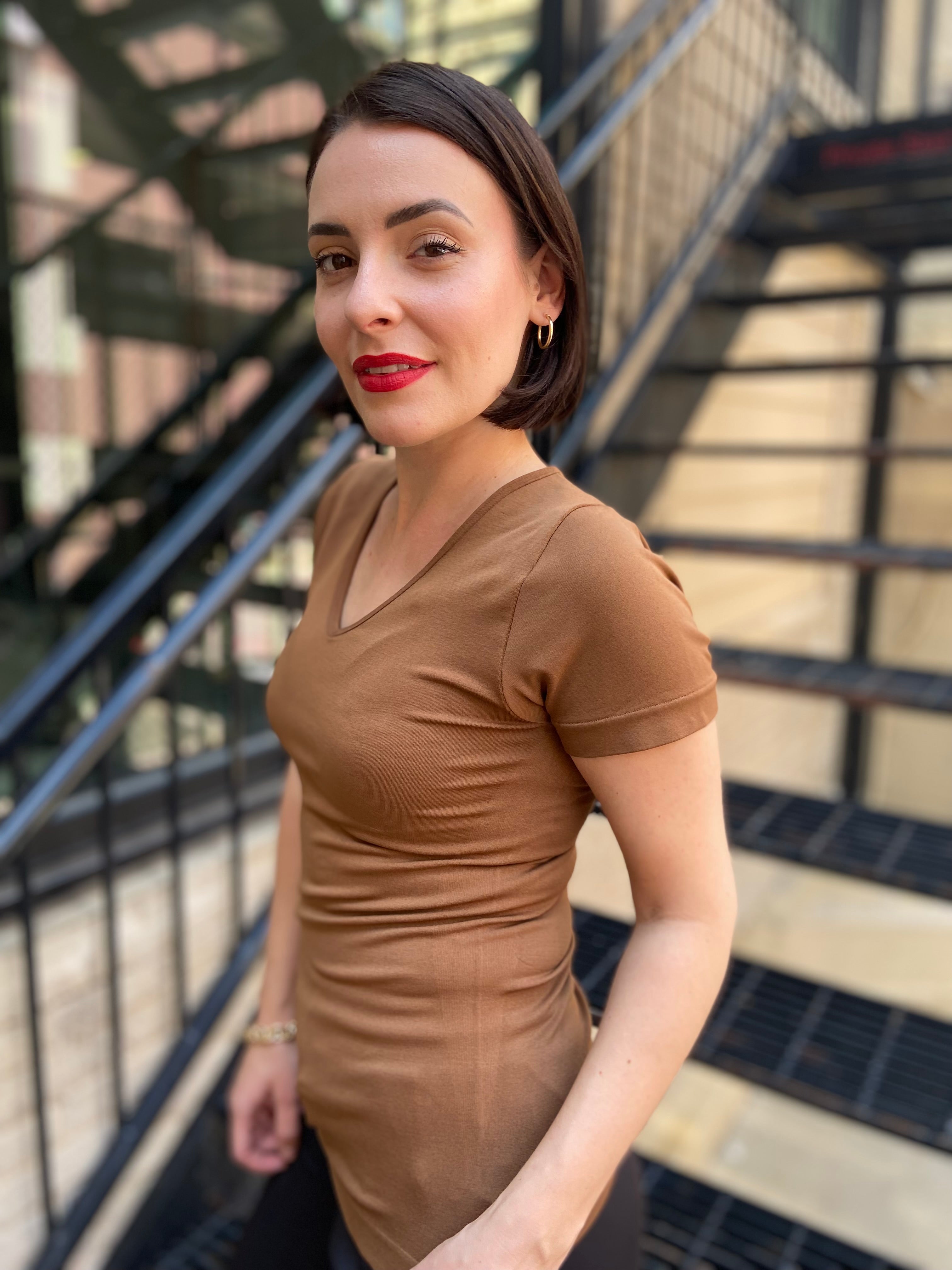 Lena Cognac Seamless Layering V-Neck T Shirt