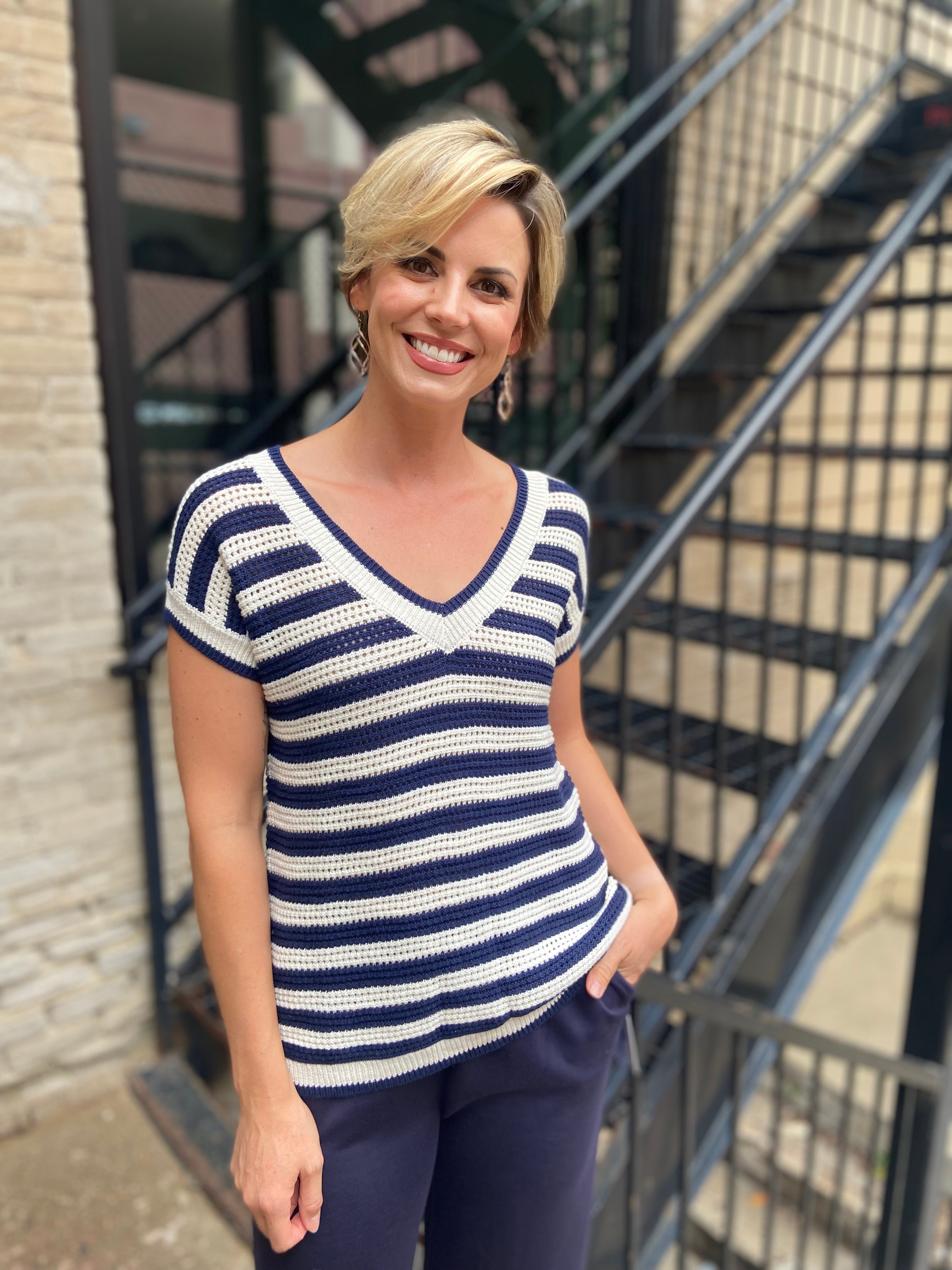 KiKi Navy Striped Crochet Knit Short Sleeve – MK Threads Boutique