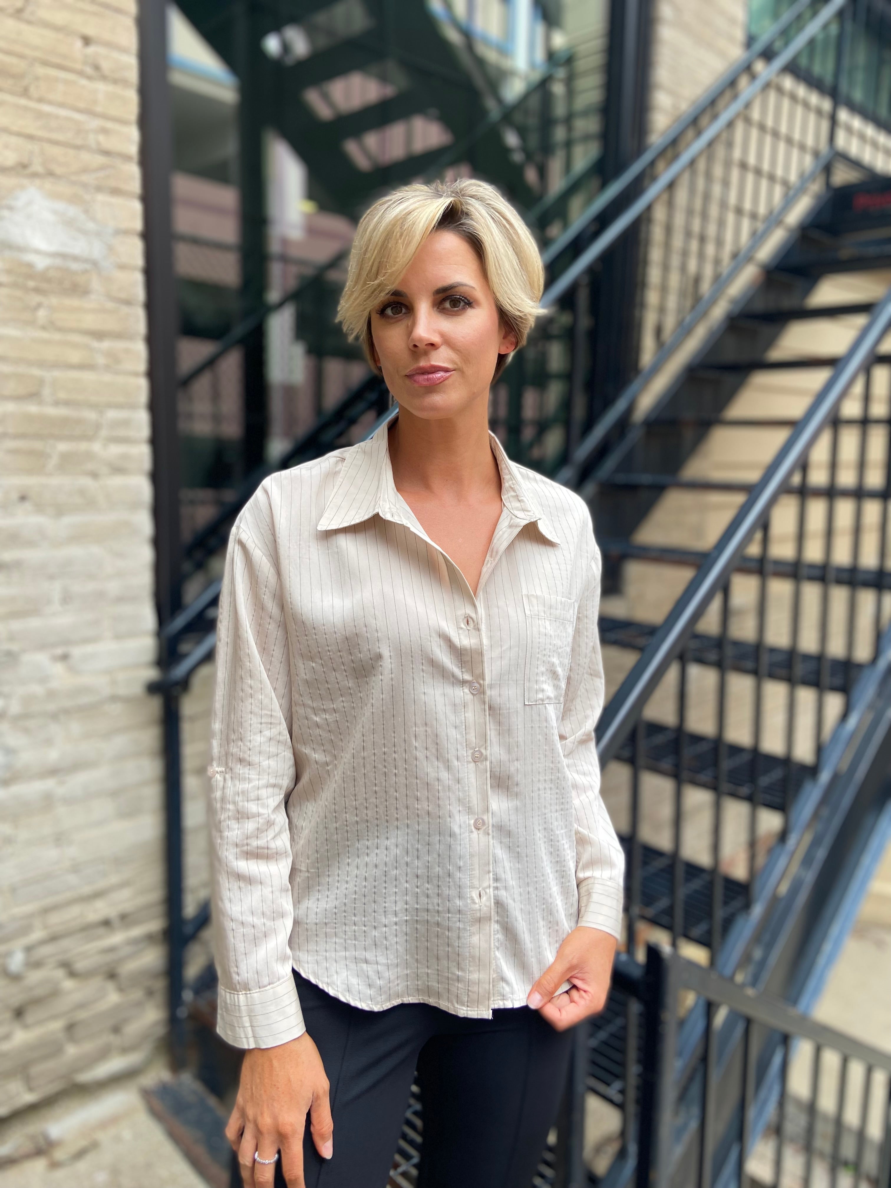 Asher Light Khaki Pinstripe Long Sleeve Button Down