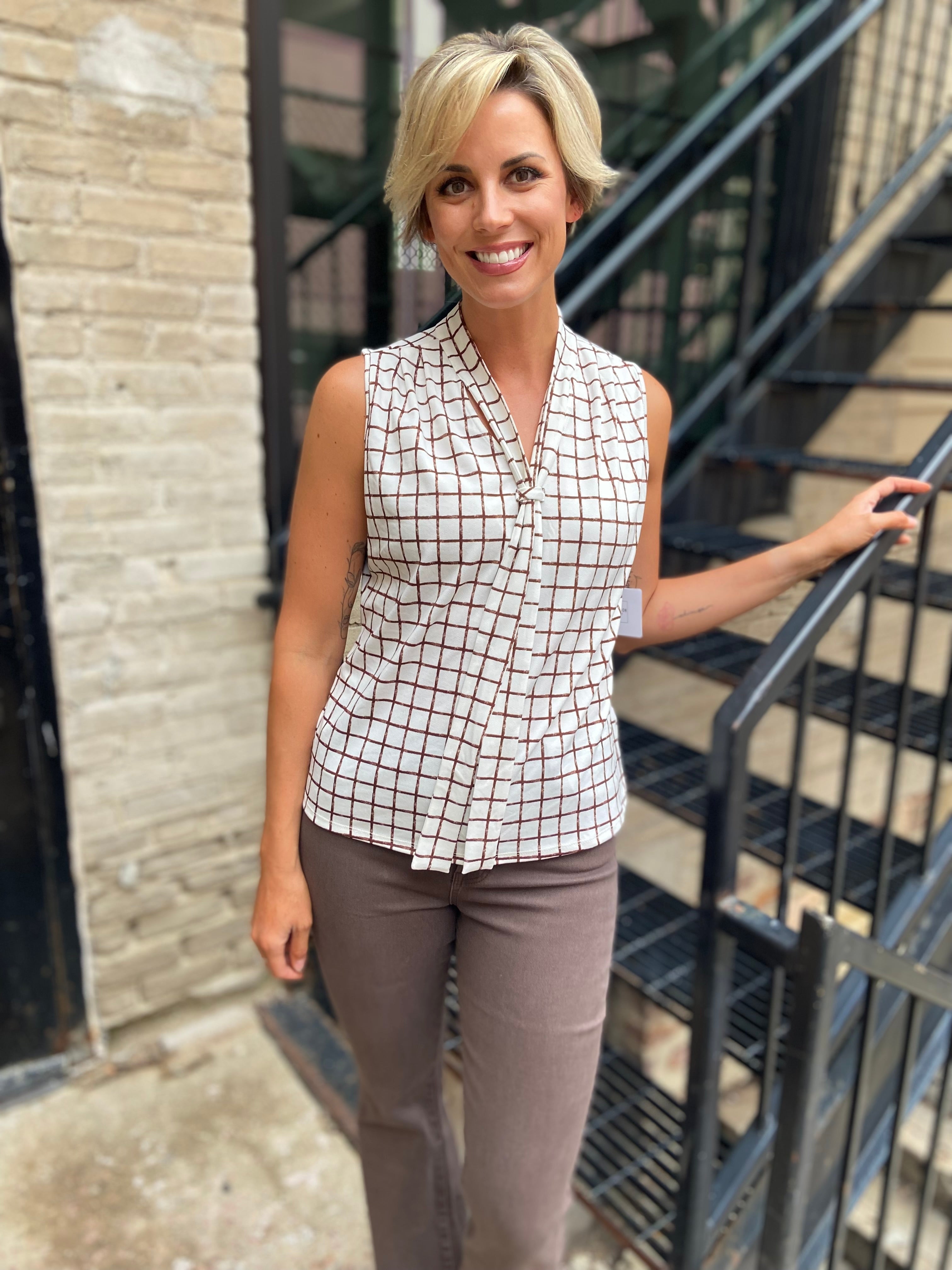 Mallory Ivory and Brown Square Print Sleeveless Blouse