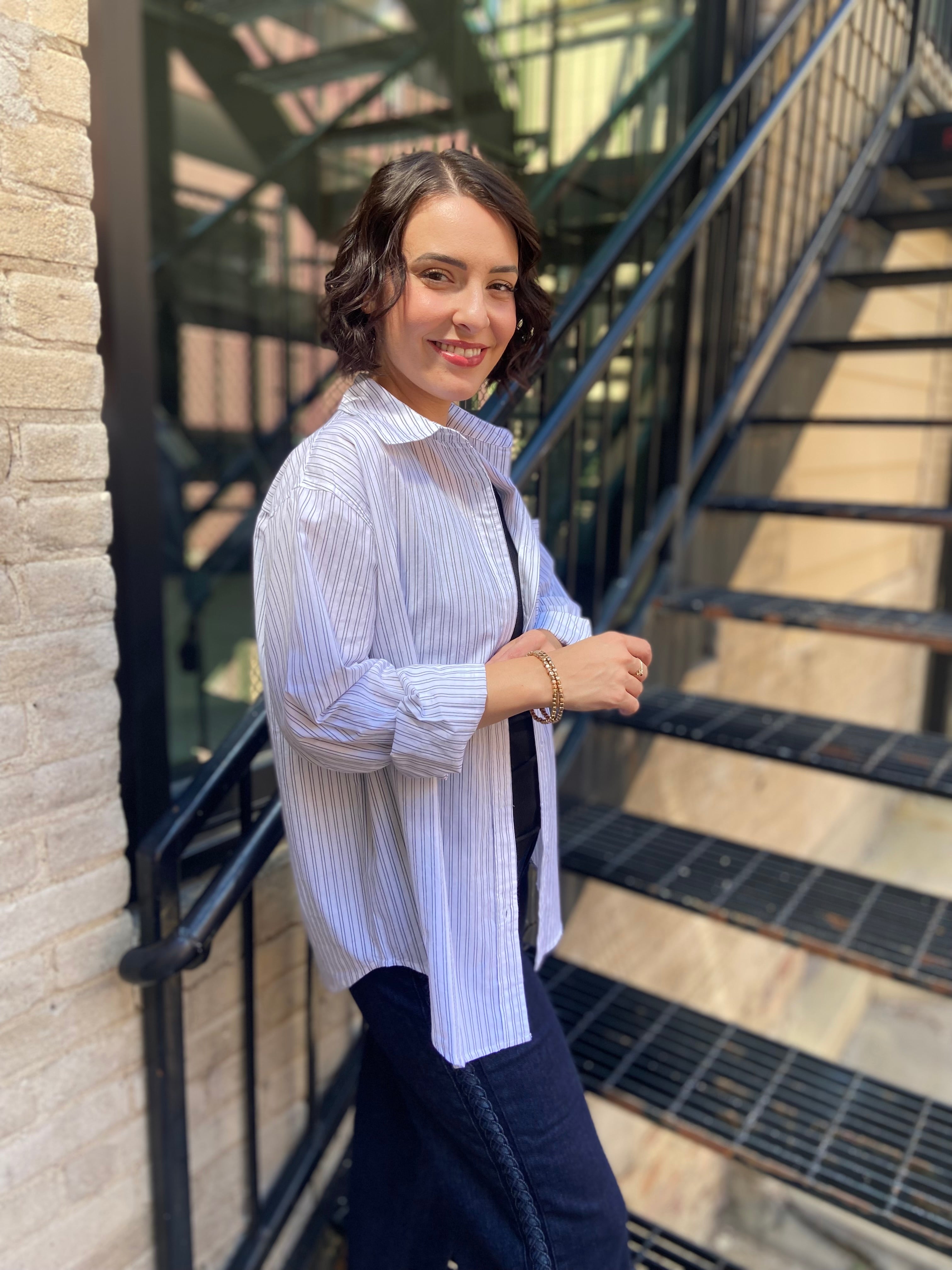 Candence White Striped Relaxed Button Up