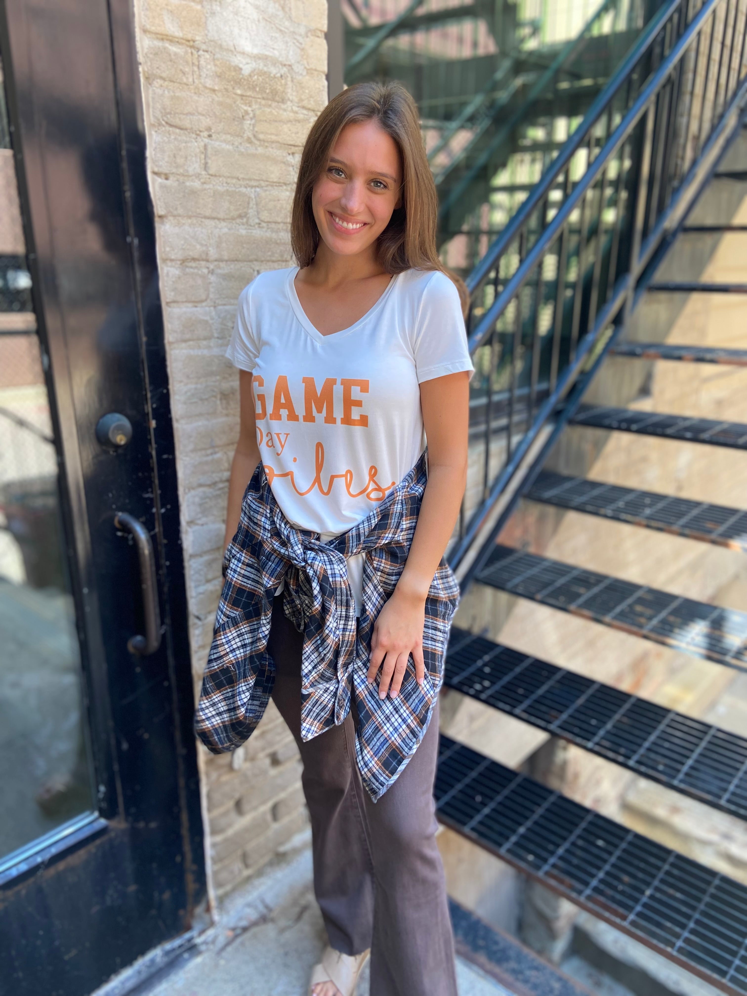 Game Day White And Orange V-Neck Graphic Top