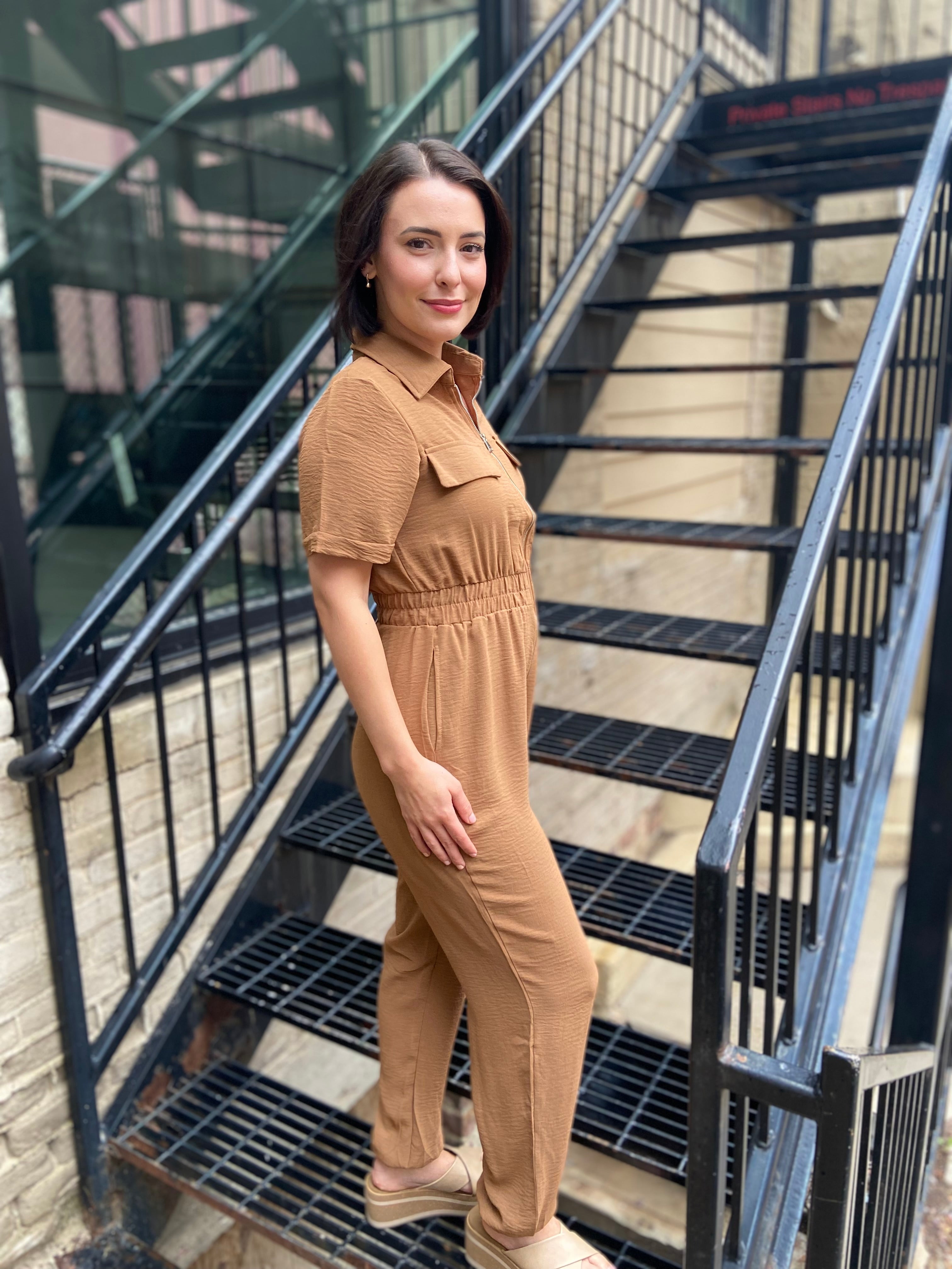 Jordan Cognac Short Sleeve Zipper Jumpsuit