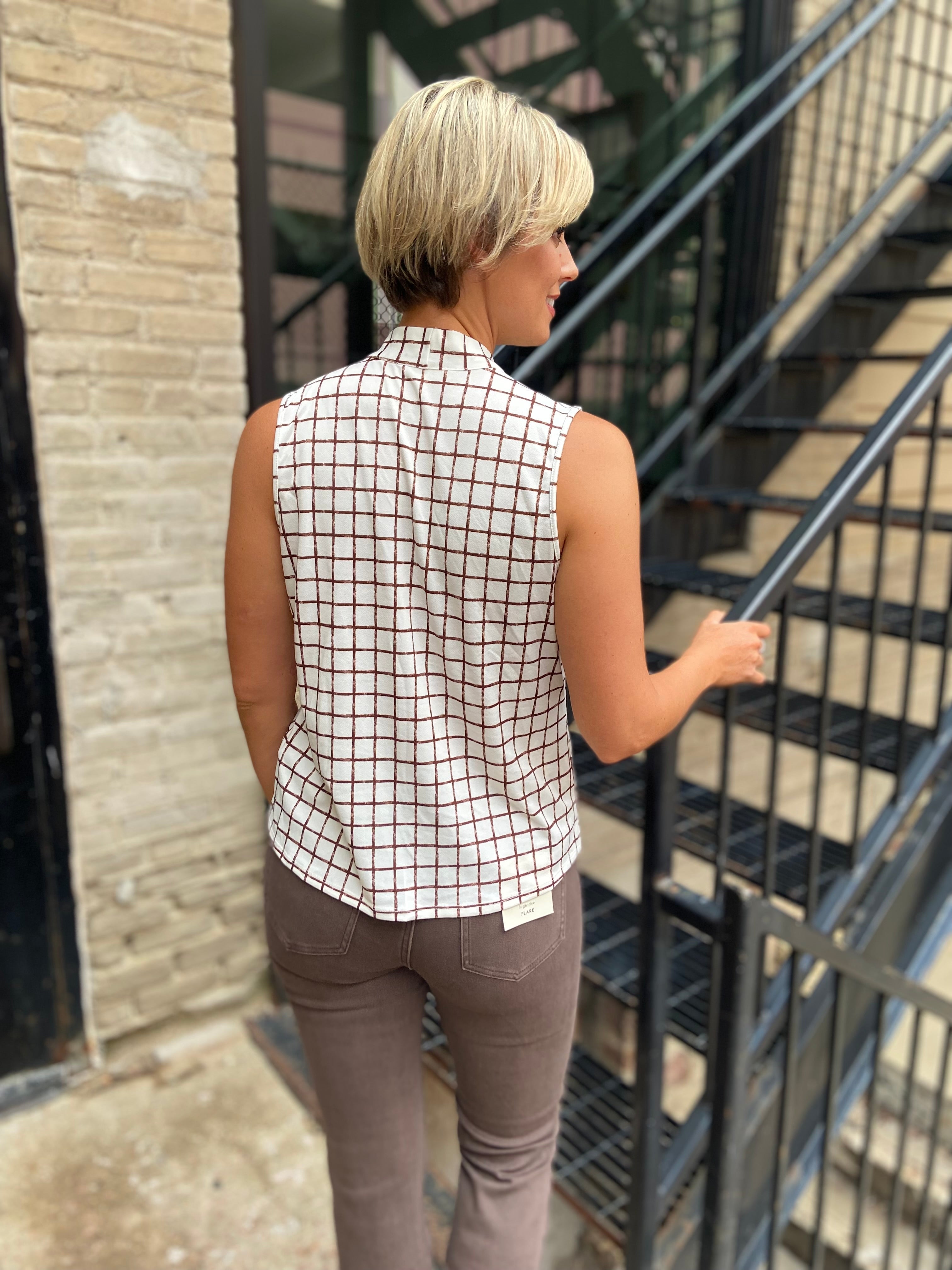 Mallory Ivory and Brown Square Print Sleeveless Blouse