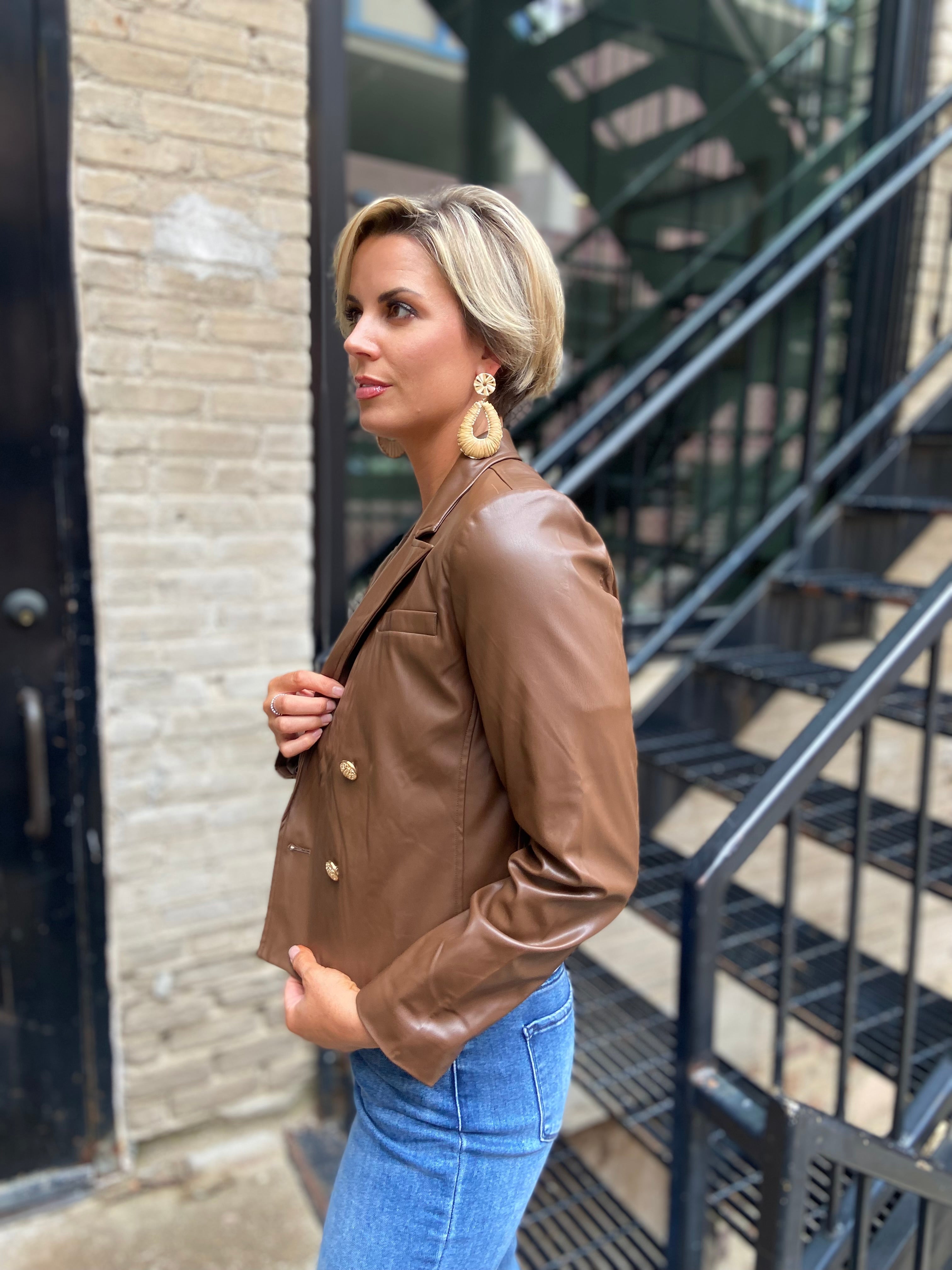Skylar Chocolate Brown Faux Leather Blazer Jacket