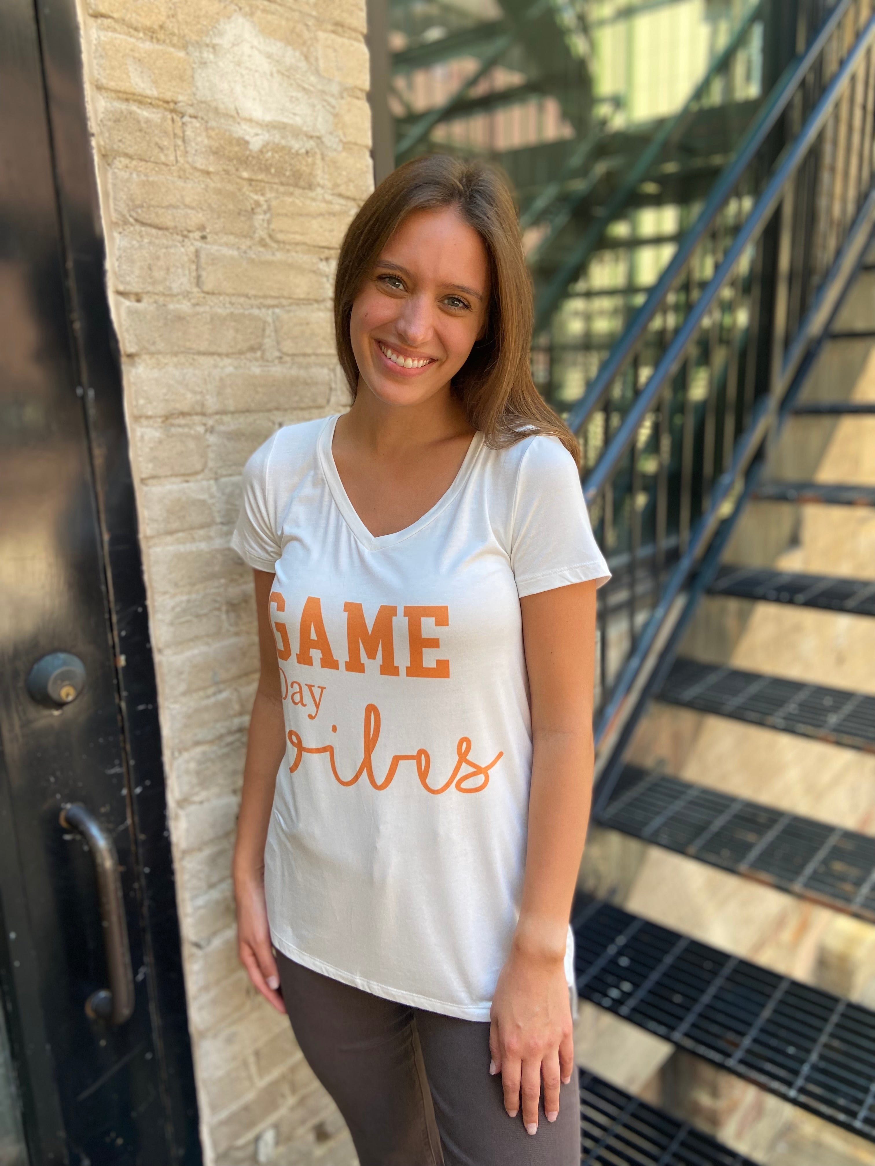 Game Day White And Orange V-Neck Graphic Top