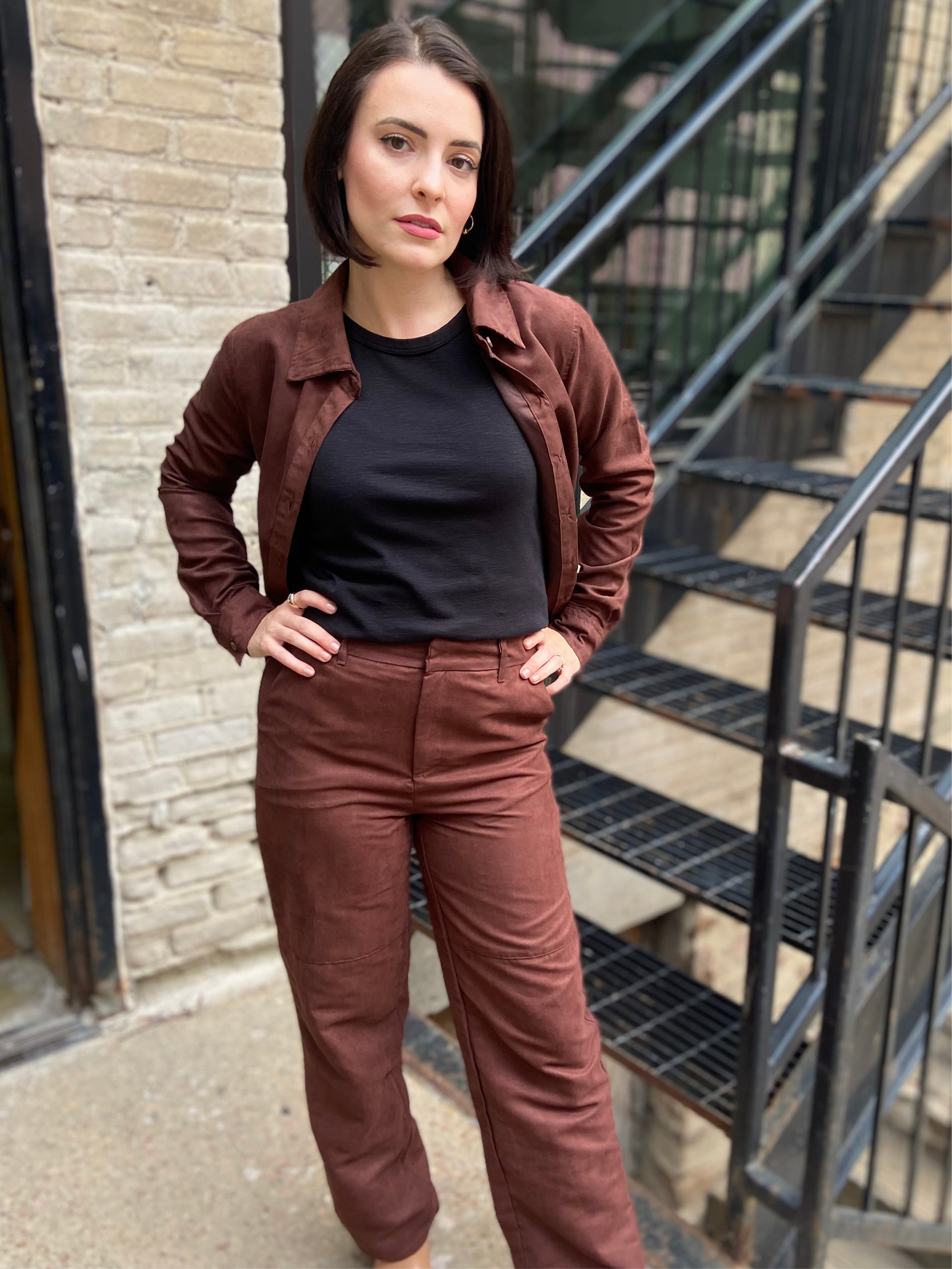 Eli dark Brown Suede Long Sleeve Button Up Top