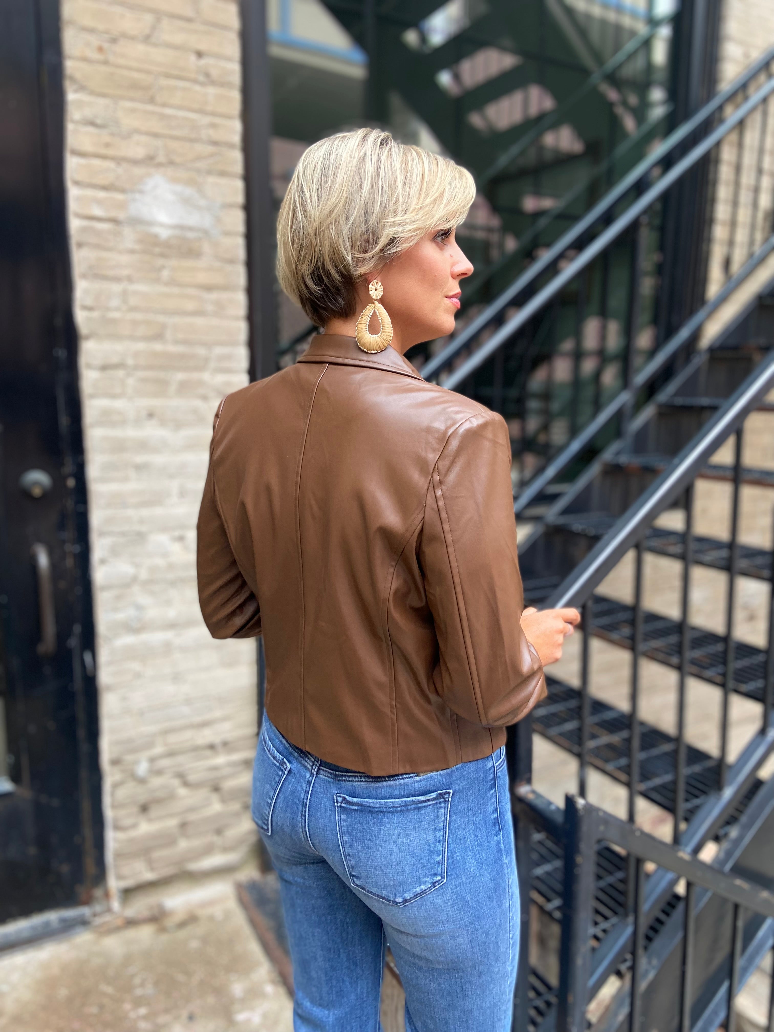 Skylar Chocolate Brown Faux Leather Blazer Jacket