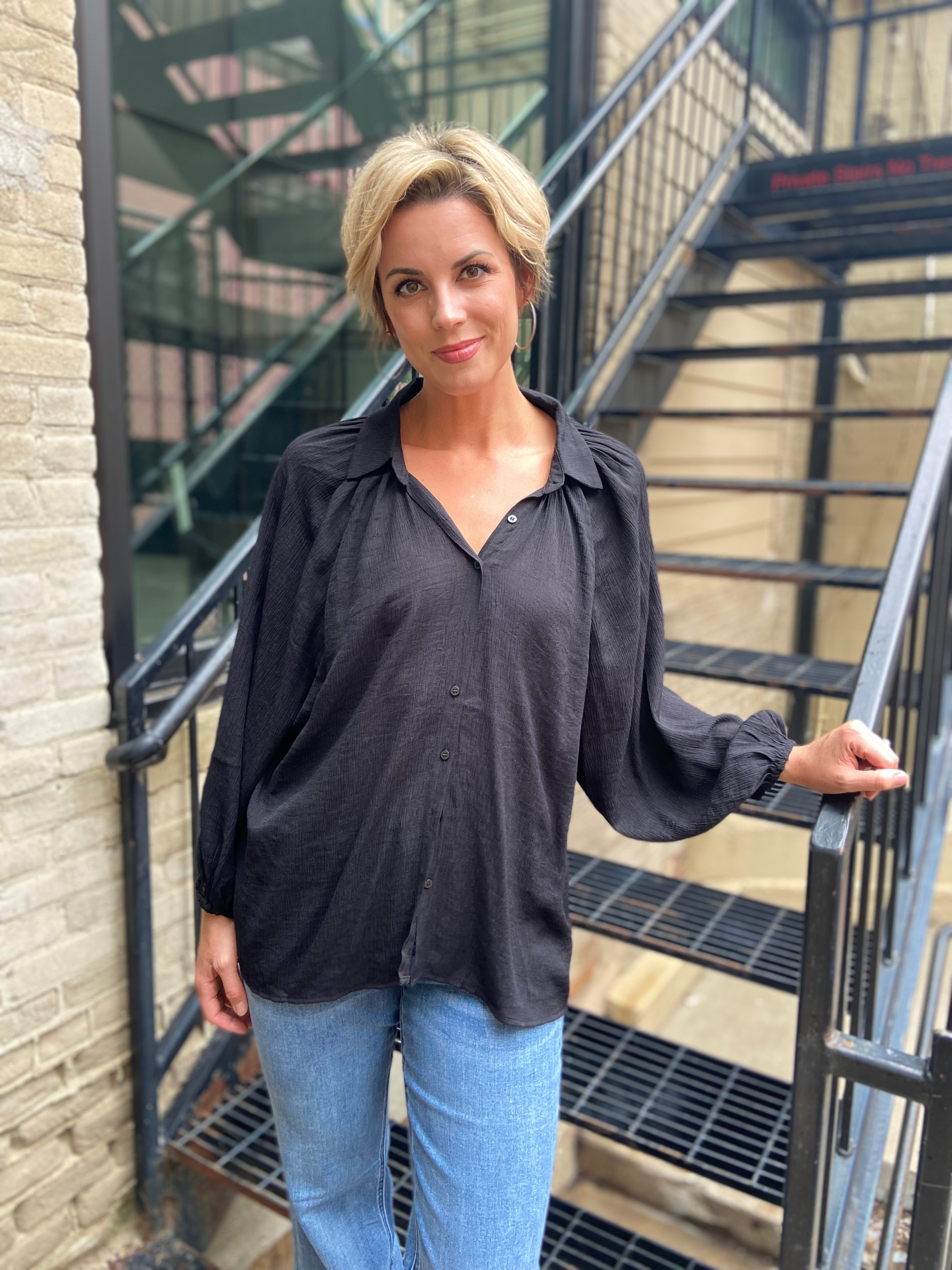 Hollis Black Front Tie Long Sleeve Button Up or