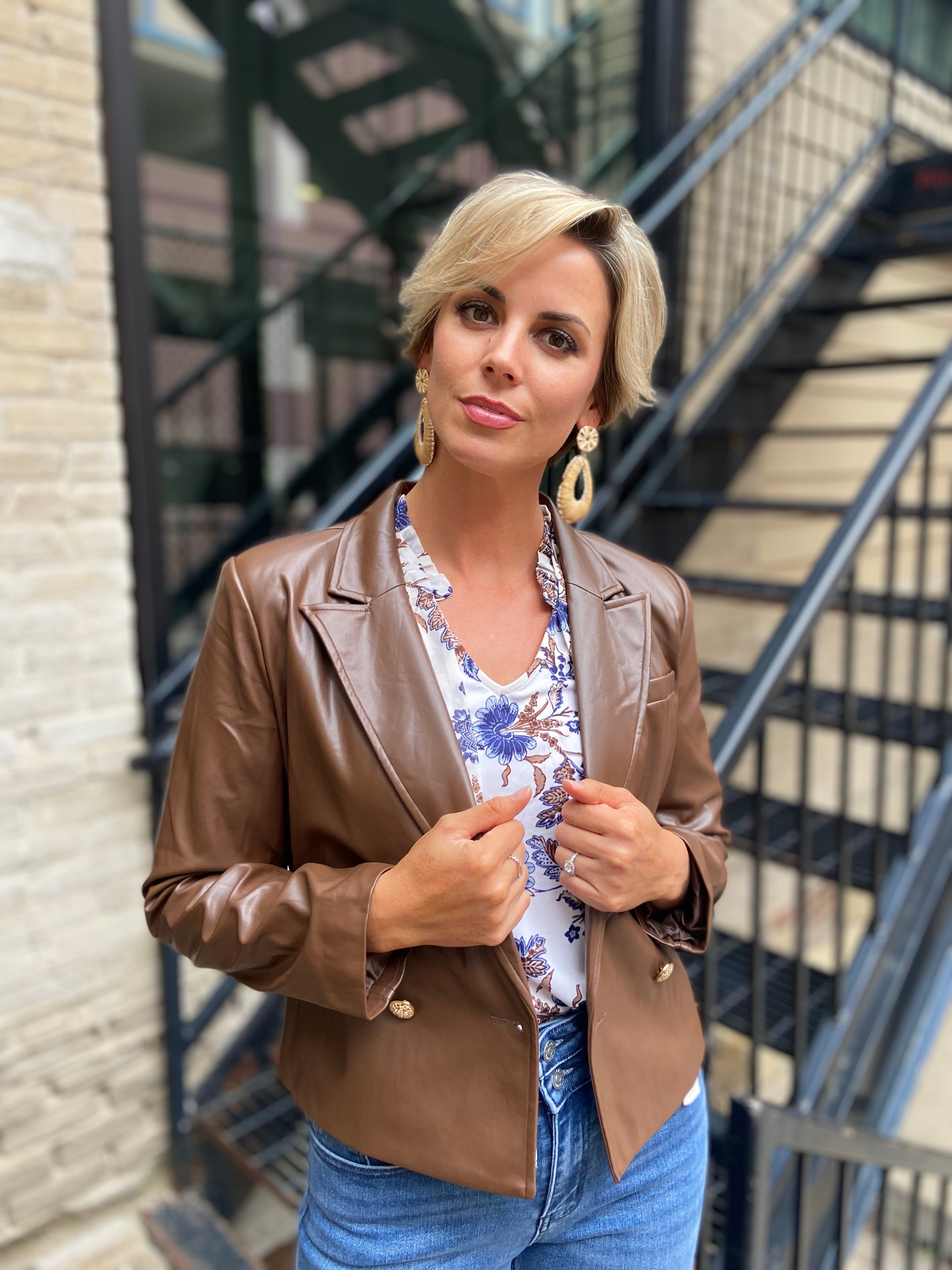 Skylar Chocolate Brown Faux Leather Blazer Jacket