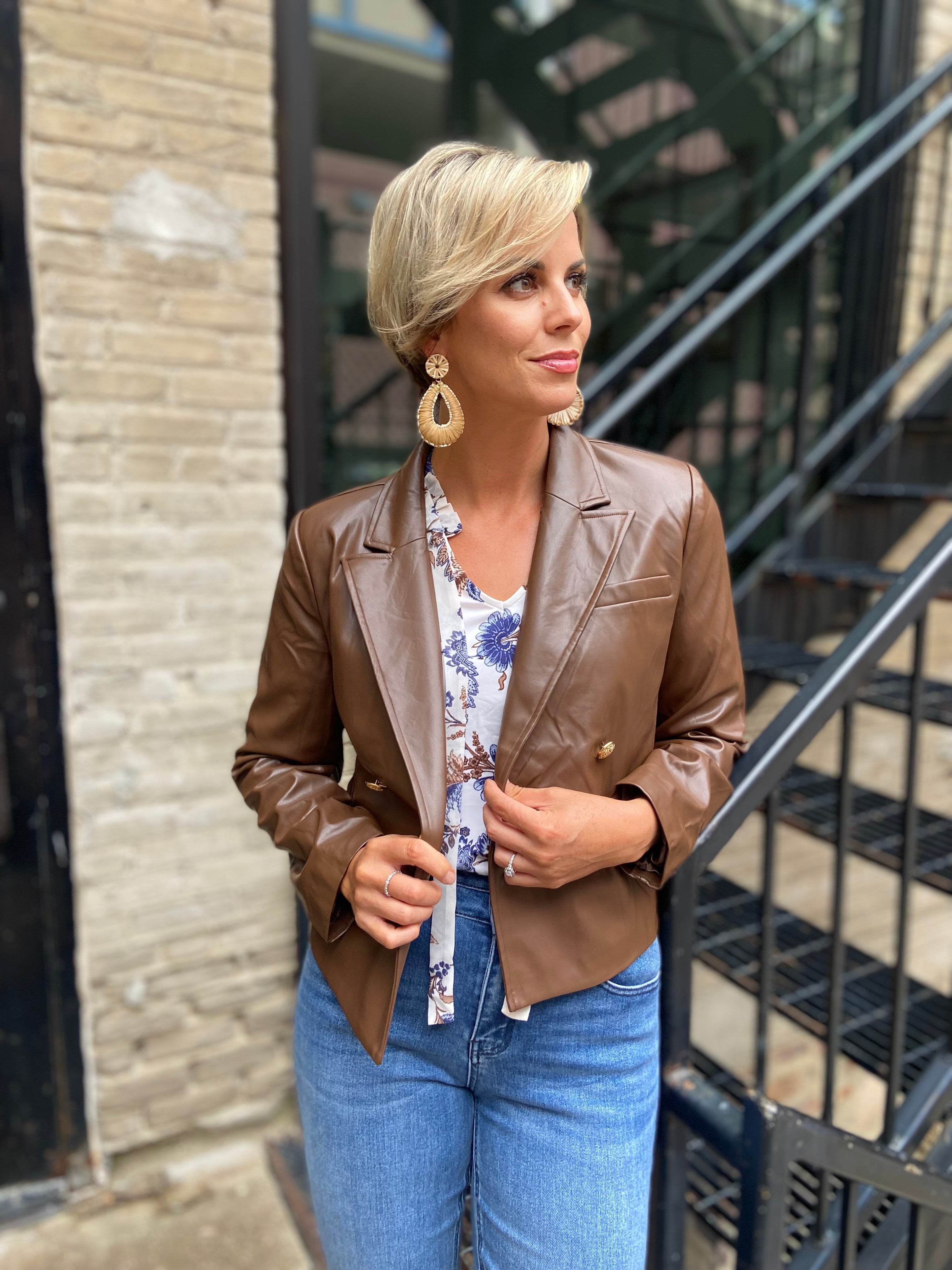 Skylar Chocolate Brown Faux Leather Blazer Jacket