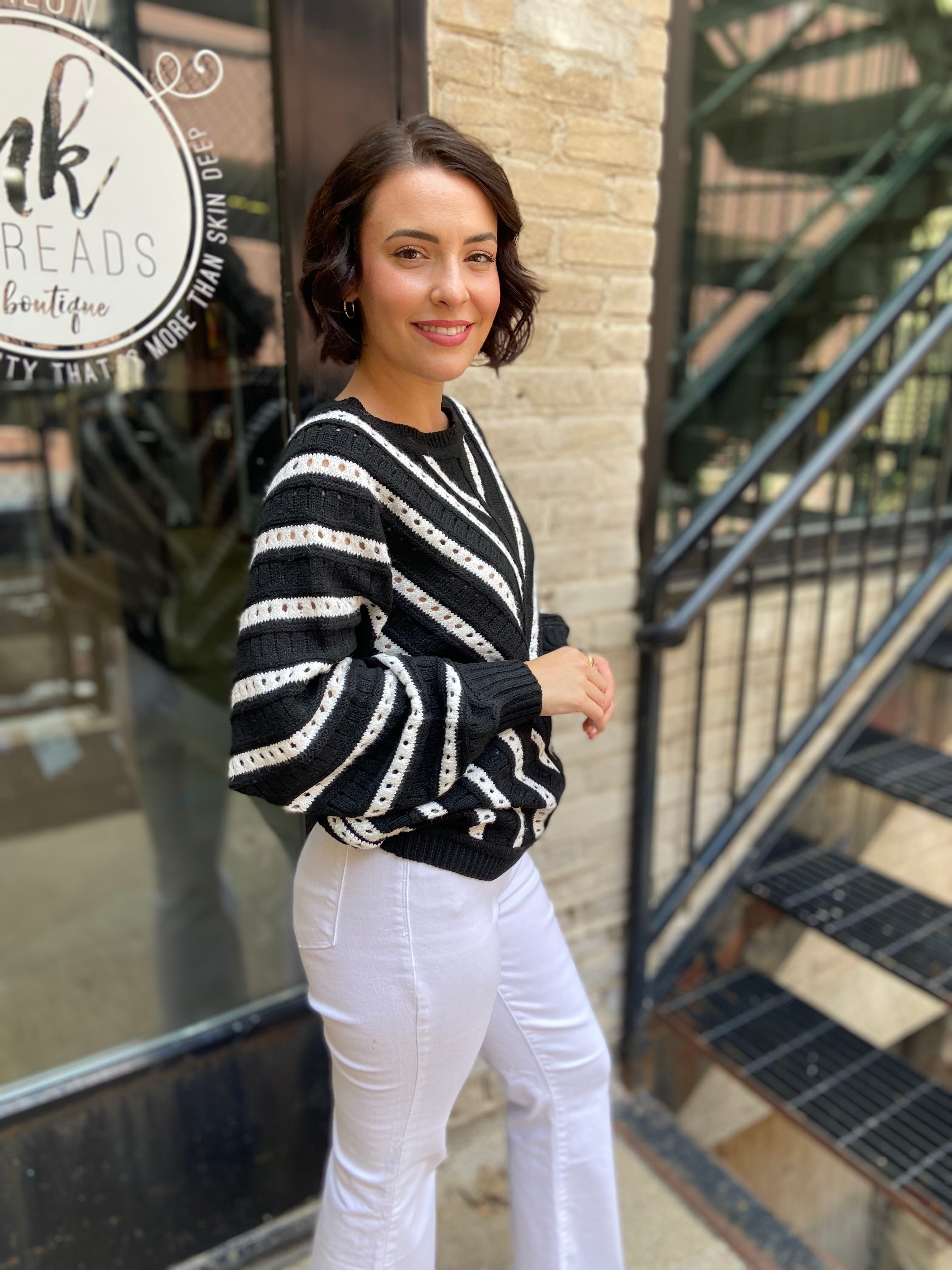 Liz Black & White Diagonal Stripe Knit Sweater