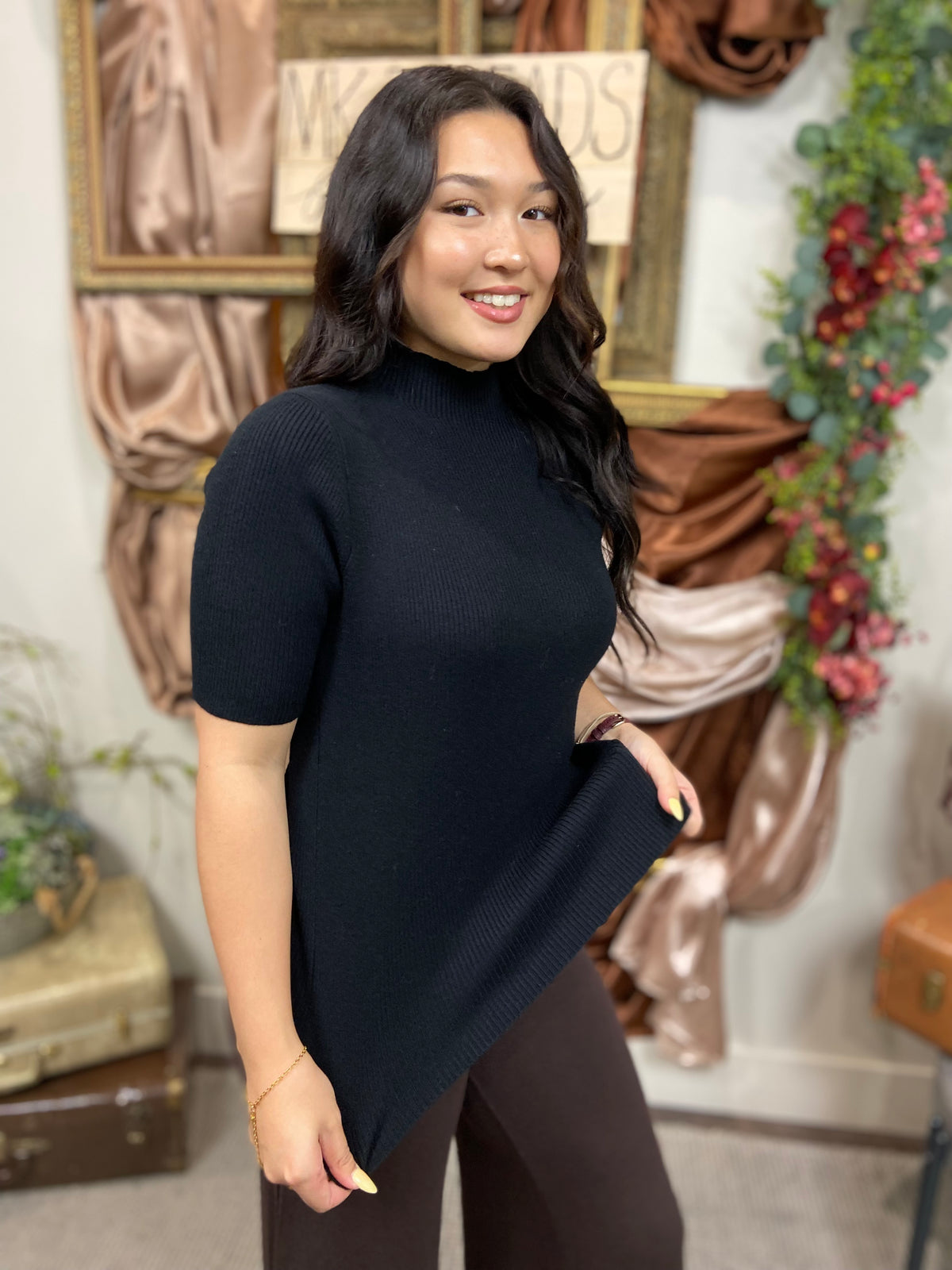 Jayna Black Ribbed Mock Neck Sweater Top