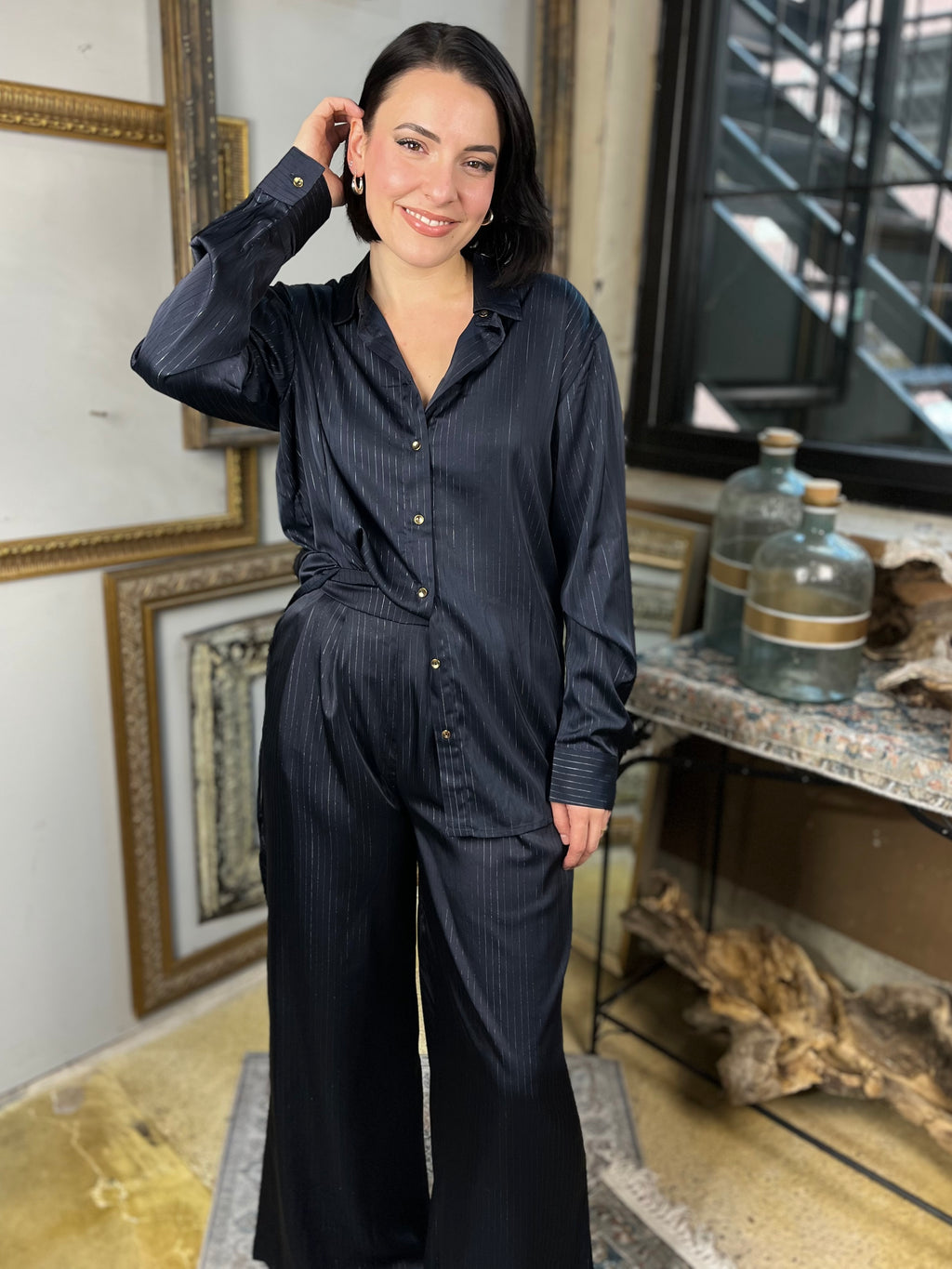 Nito Navy Satin Pin Stripe Button Up