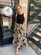 Natalia Black Tropical Pattern Midi Skirt