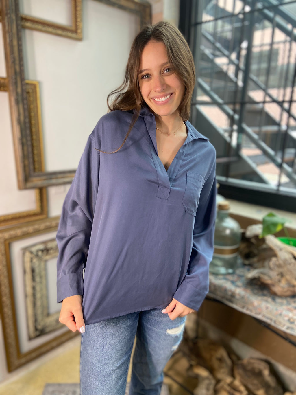 Quin Blue V Neck Long Sleeve Blouse