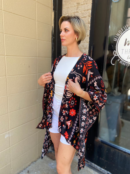 Coree Black Rust Floral Pattern Kimono