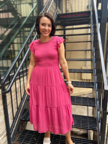 Stella Fuchsia Smocked Tiered Midi Dress