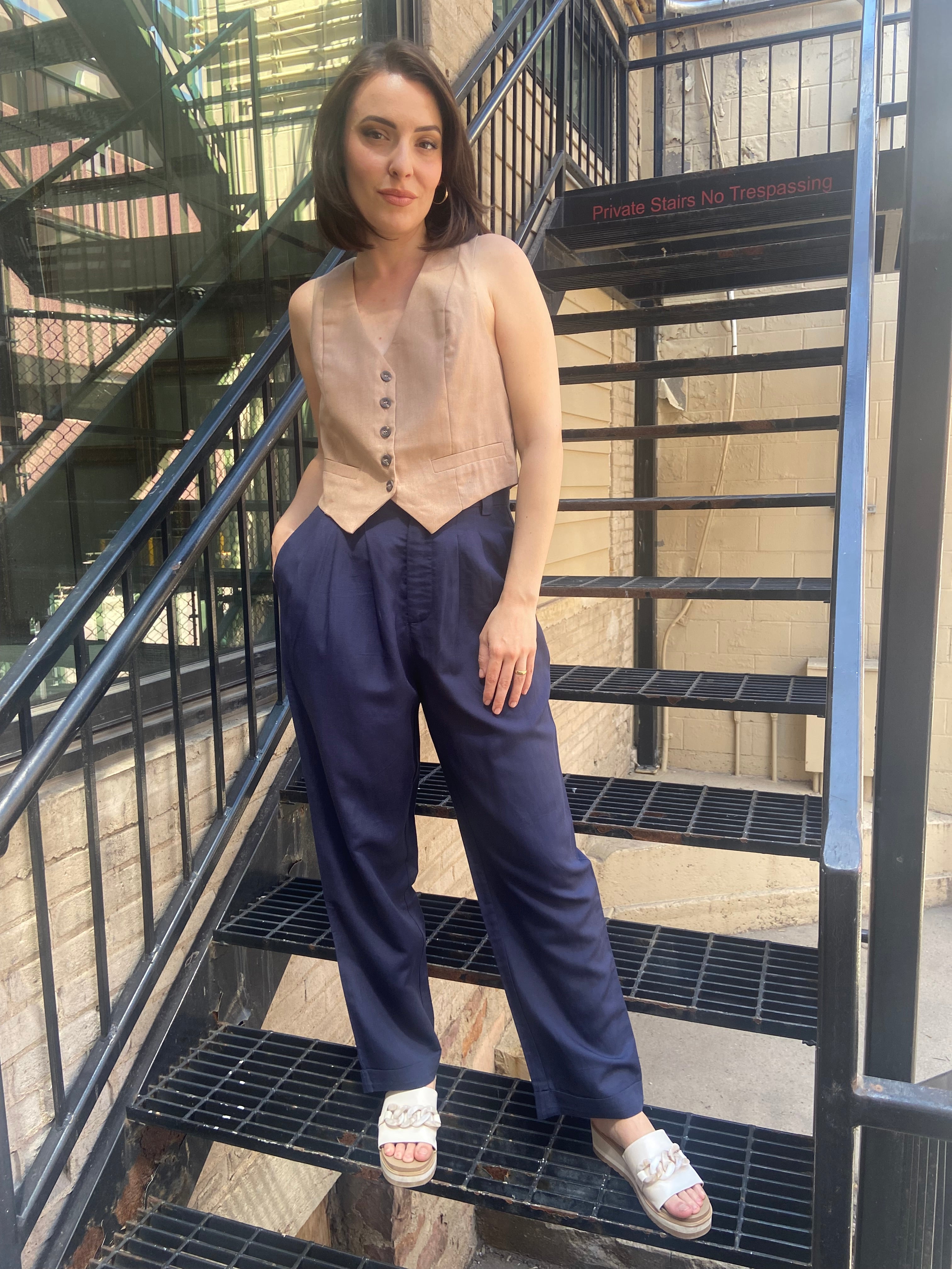 Alba Navy Linen High Waisted Trouser Pants